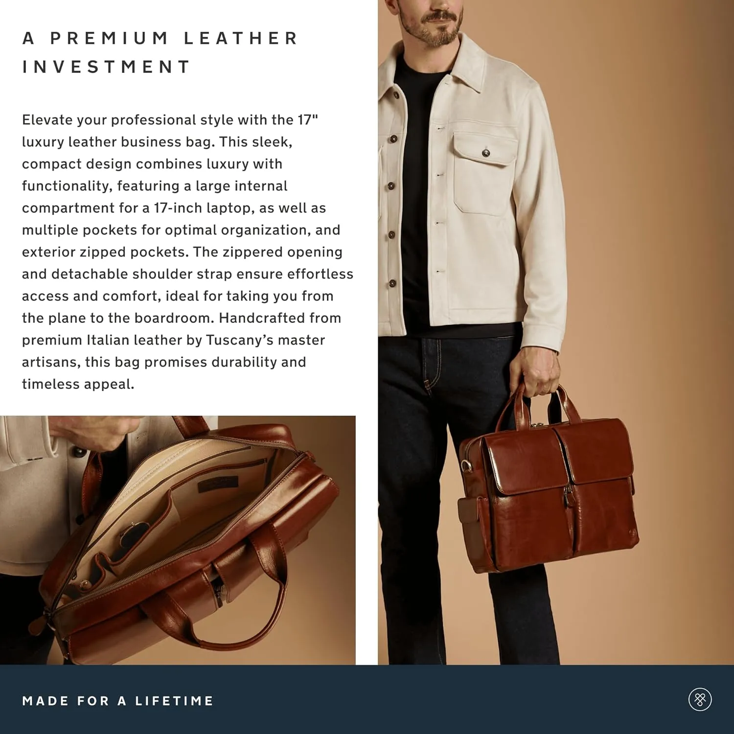 Maxwell Scott - Mens Luxury Light Leather Business Briefcase and Padded Shoulder Strap - Made in Italy - The Lagaro