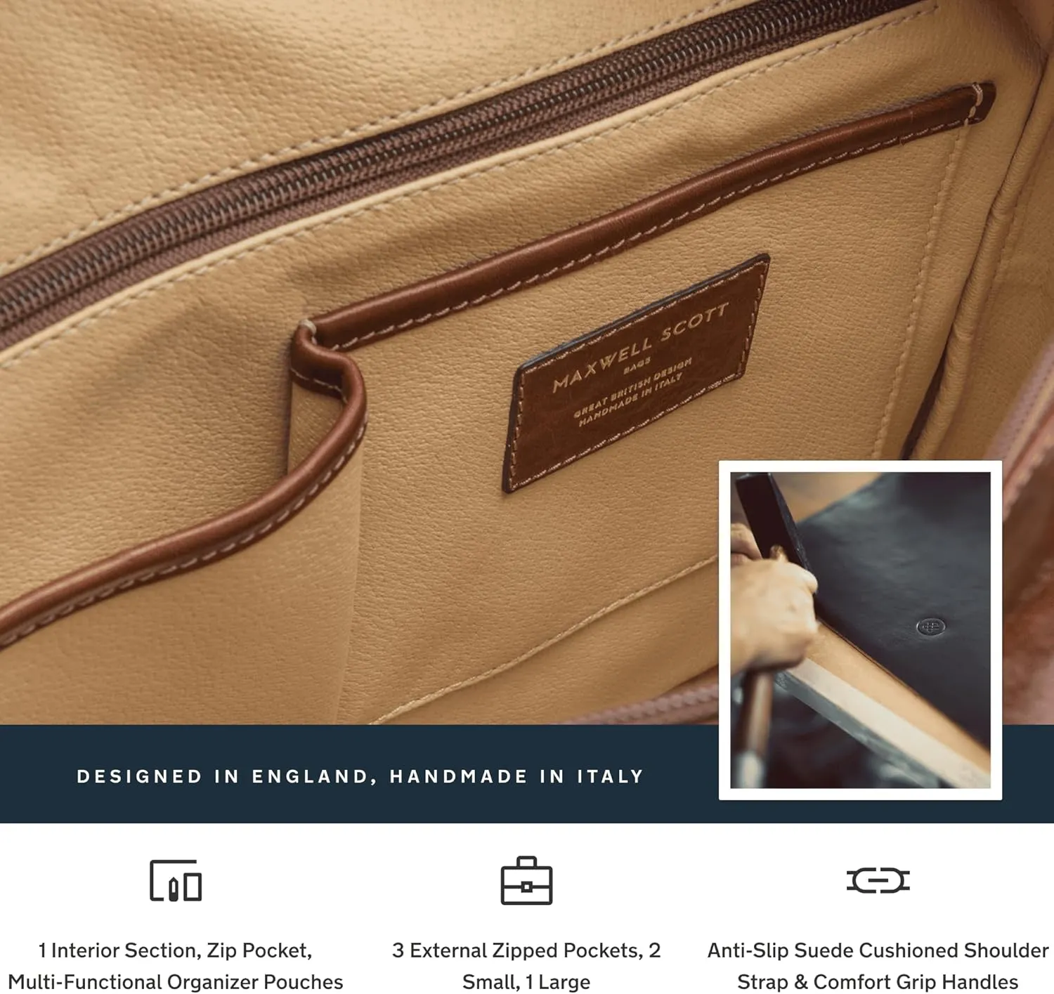 Maxwell Scott - Mens Luxury Light Leather Business Briefcase and Padded Shoulder Strap - Made in Italy - The Lagaro