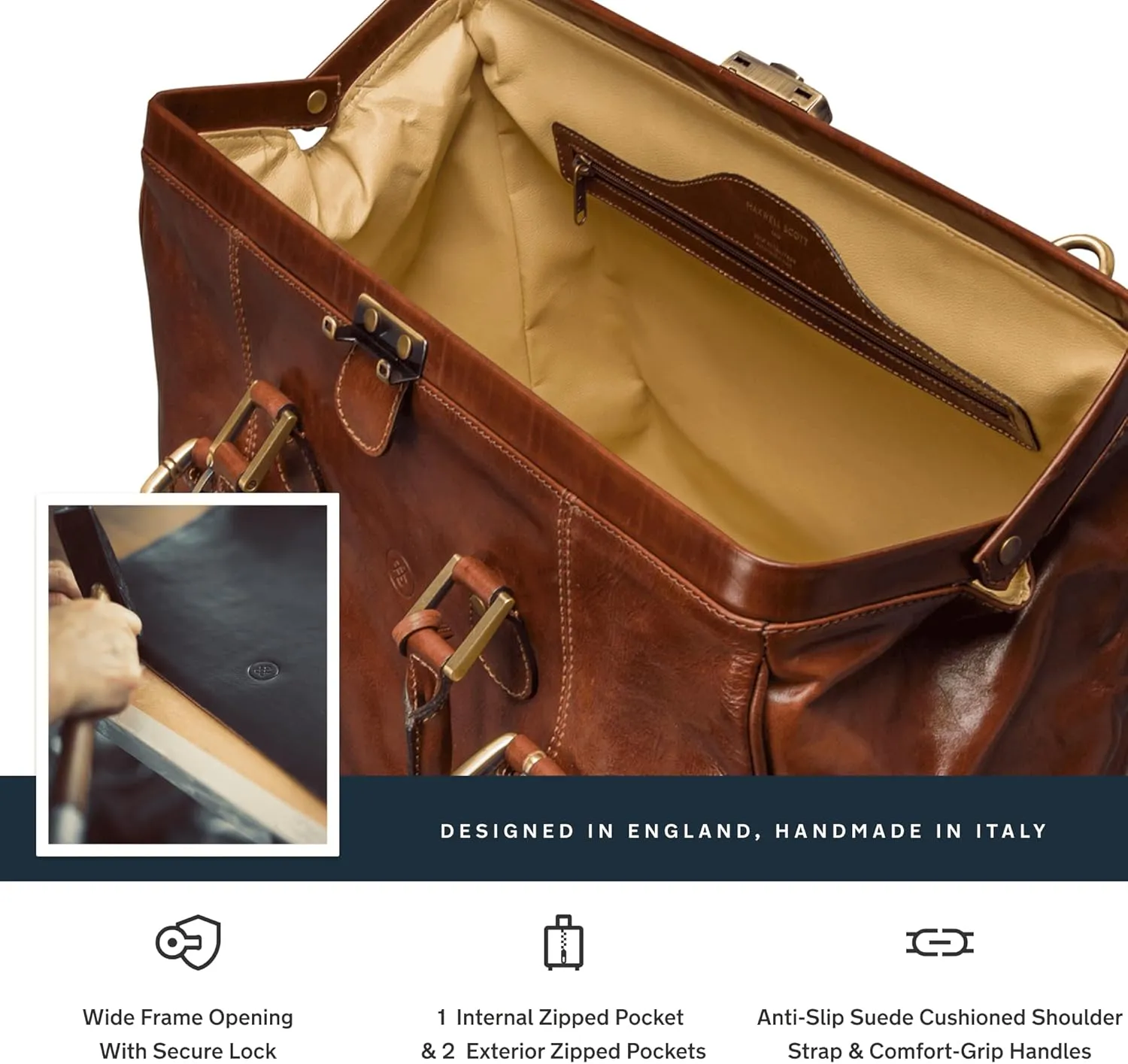 Maxwell Scott - Personalized Mens Luxury Leather Large Gladstone Duffle Bag with Key Lock - The Gassano L - Chestnut Tan