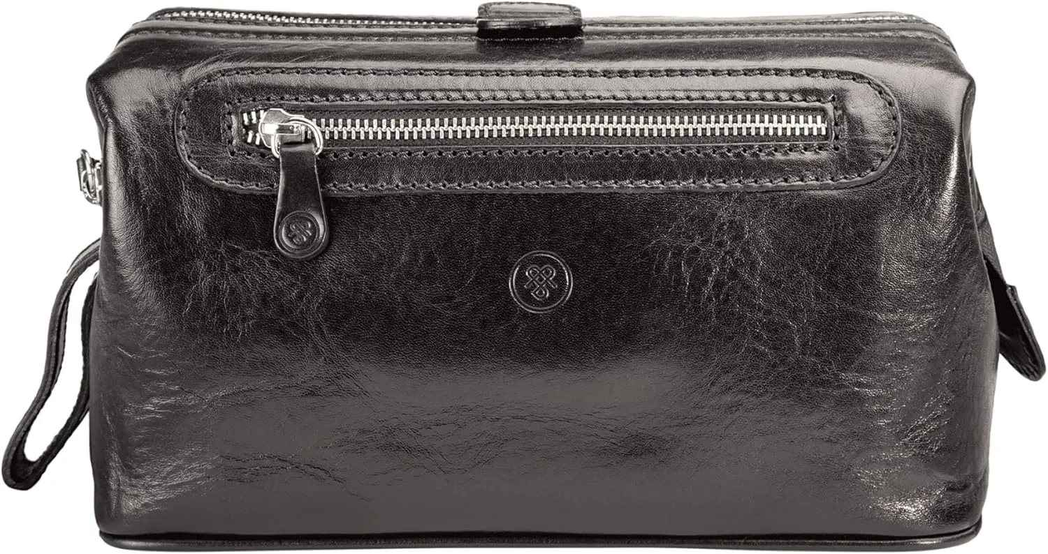 Maxwell Scott - Personalized Mens Luxury Leather Large Wash Bag Dopp Kit with Zip Opening - The Duno Large - Black