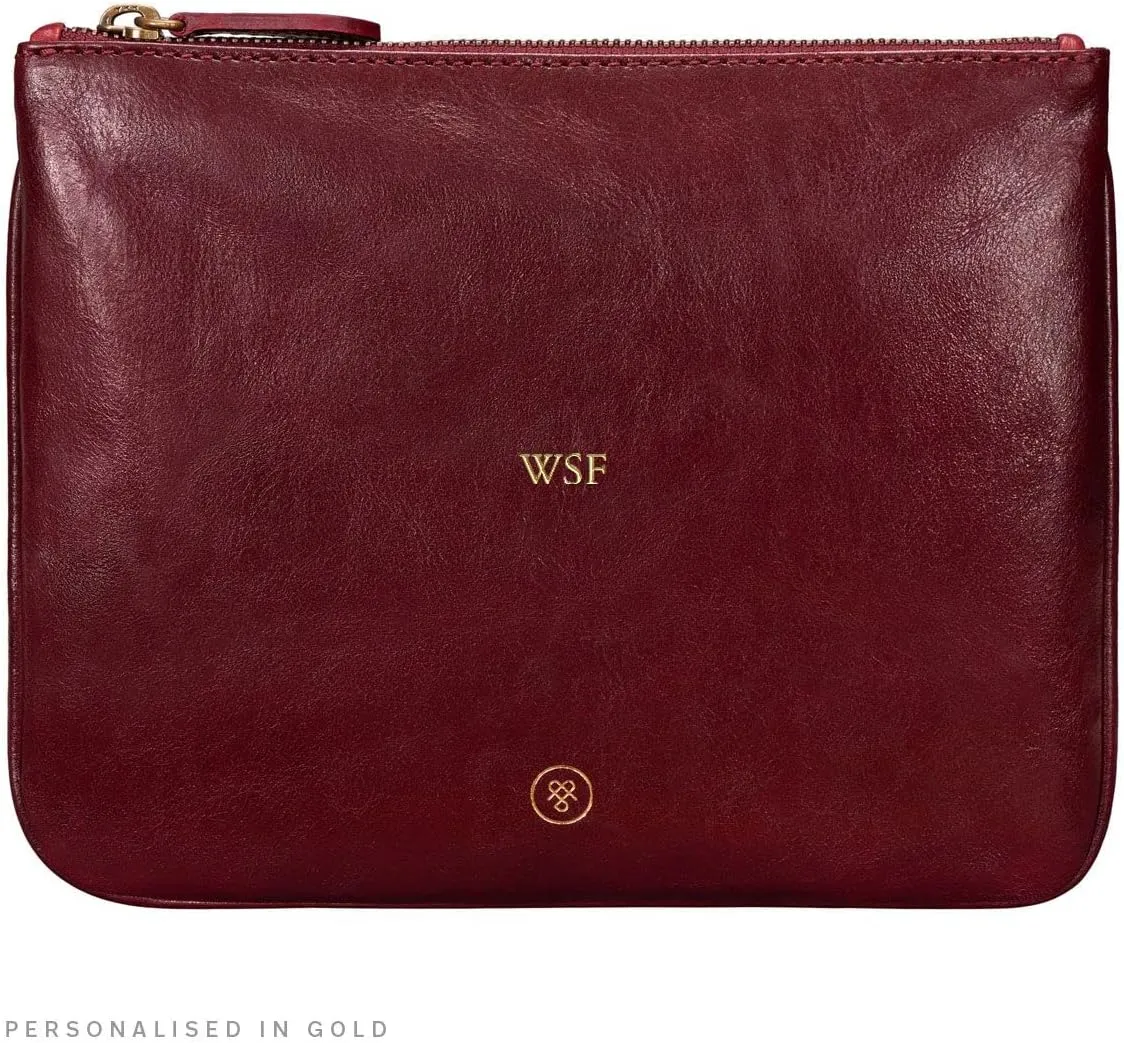 Maxwell Scott - Personalized Womens Luxury Designer Leather Flat Makeup Bag Purse - The Zeta - Burgundy Red