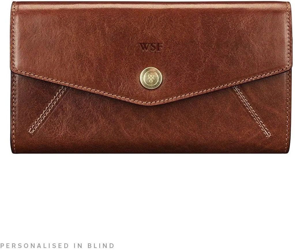 Maxwell Scott - Personalized Womens Luxury Leather Large Ball Clasp Wallet - The Marcialla - Chestnut Tan