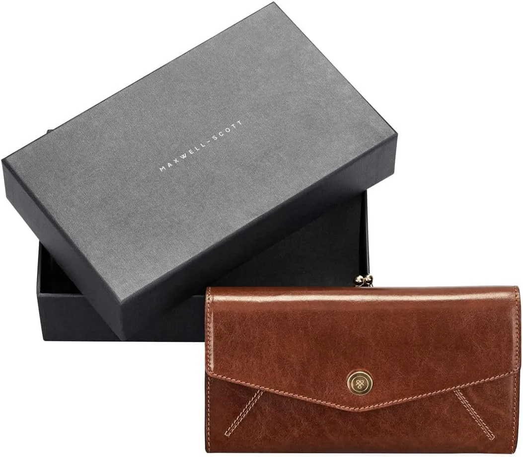 Maxwell Scott - Personalized Womens Luxury Leather Large Ball Clasp Wallet - The Marcialla - Chestnut Tan