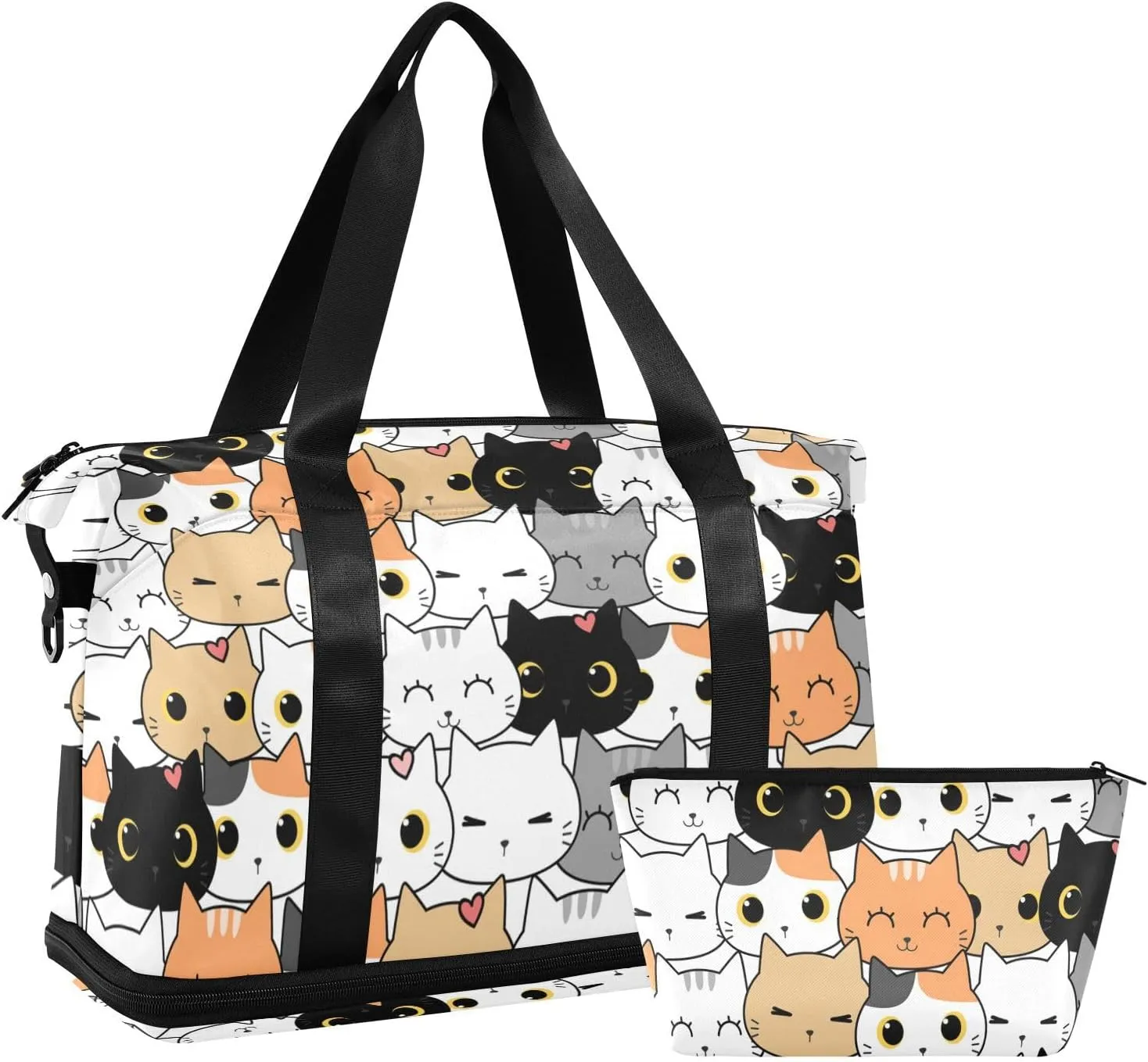 MCHIVER Cute Cat Cartoon Travel Duffel Bag for Women Men Gym Bag with Shoe Compartment Wet Pocket Carry On Weekender Overnight Bags for Travel Gym Yoga