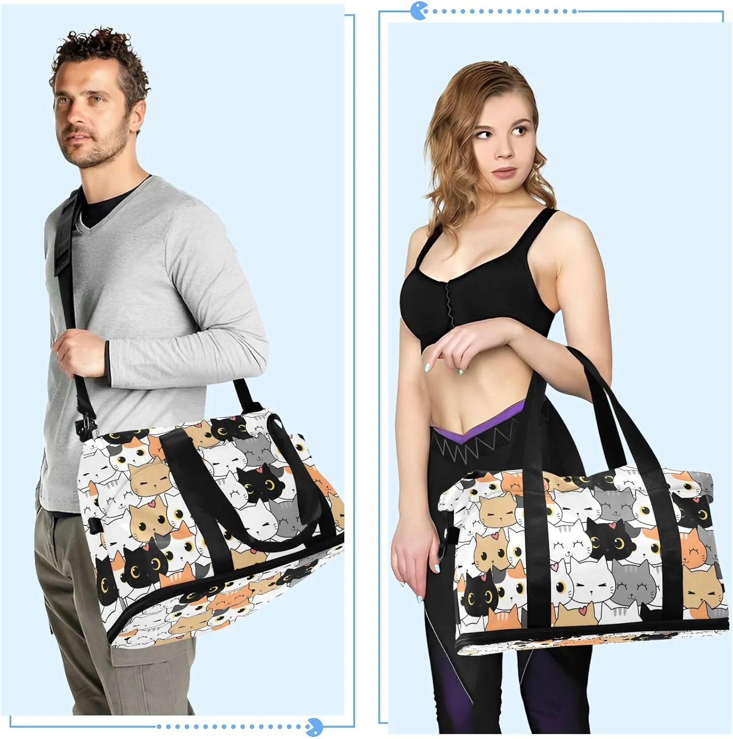 MCHIVER Cute Cat Cartoon Travel Duffel Bag for Women Men Gym Bag with Shoe Compartment Wet Pocket Carry On Weekender Overnight Bags for Travel Gym Yoga
