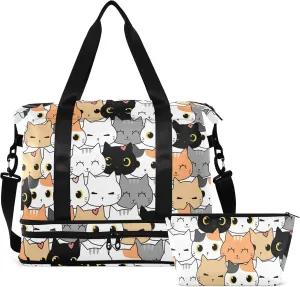 MCHIVER Cute Cat Cartoon Travel Duffel Bag for Women Men Gym Bag with Shoe Compartment Wet Pocket Carry On Weekender Overnight Bags for Travel Gym Yoga
