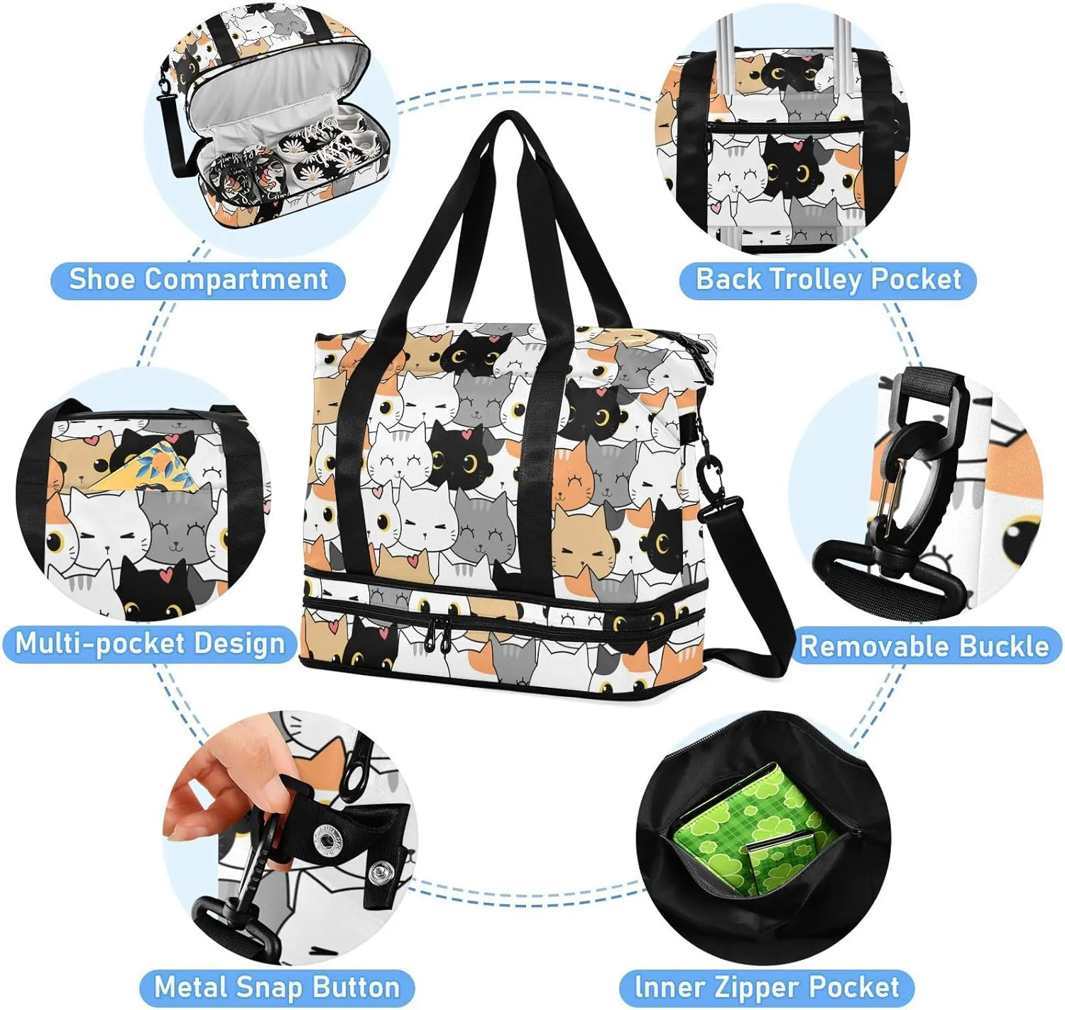 MCHIVER Cute Cat Cartoon Travel Duffel Bag for Women Men Gym Bag with Shoe Compartment Wet Pocket Carry On Weekender Overnight Bags for Travel Gym Yoga