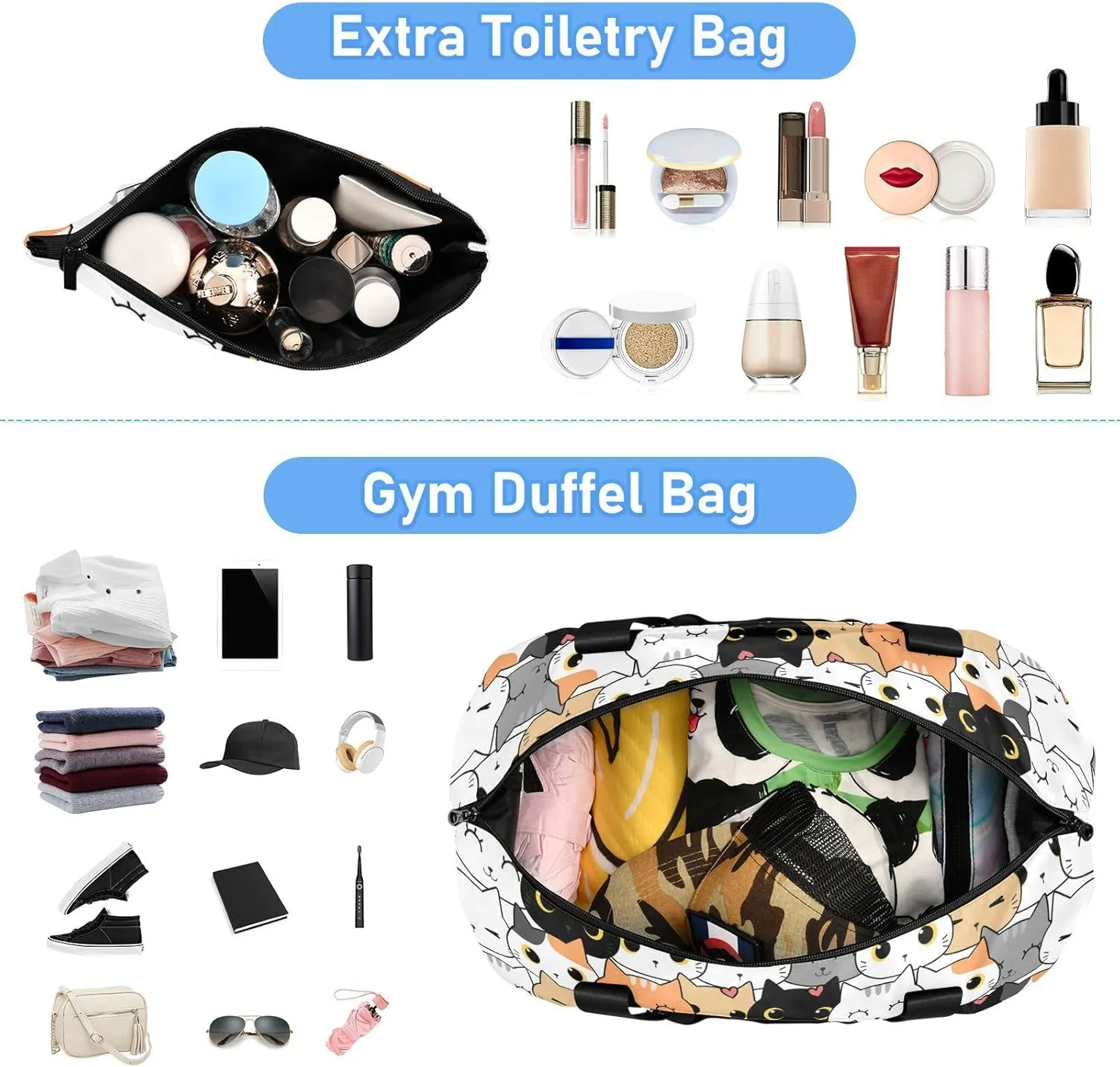 MCHIVER Cute Cat Cartoon Travel Duffel Bag for Women Men Gym Bag with Shoe Compartment Wet Pocket Carry On Weekender Overnight Bags for Travel Gym Yoga