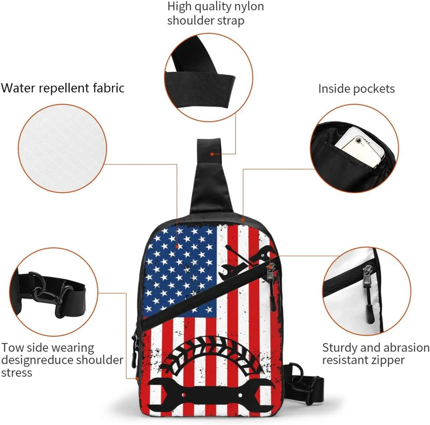 Mechanic American Flag Portable Sling Bags Packable Crossbody Bag Foldable Sport Daypack Reusable Shoulder Backpack Diagonally Chest Bag for Workout Travel