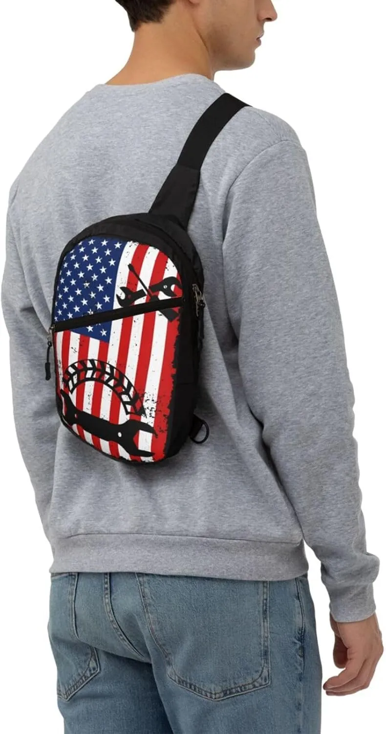 Mechanic American Flag Portable Sling Bags Packable Crossbody Bag Foldable Sport Daypack Reusable Shoulder Backpack Diagonally Chest Bag for Workout Travel