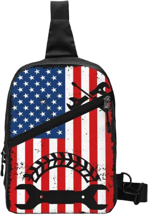 Mechanic American Flag Portable Sling Bags Packable Crossbody Bag Foldable Sport Daypack Reusable Shoulder Backpack Diagonally Chest Bag for Workout Travel