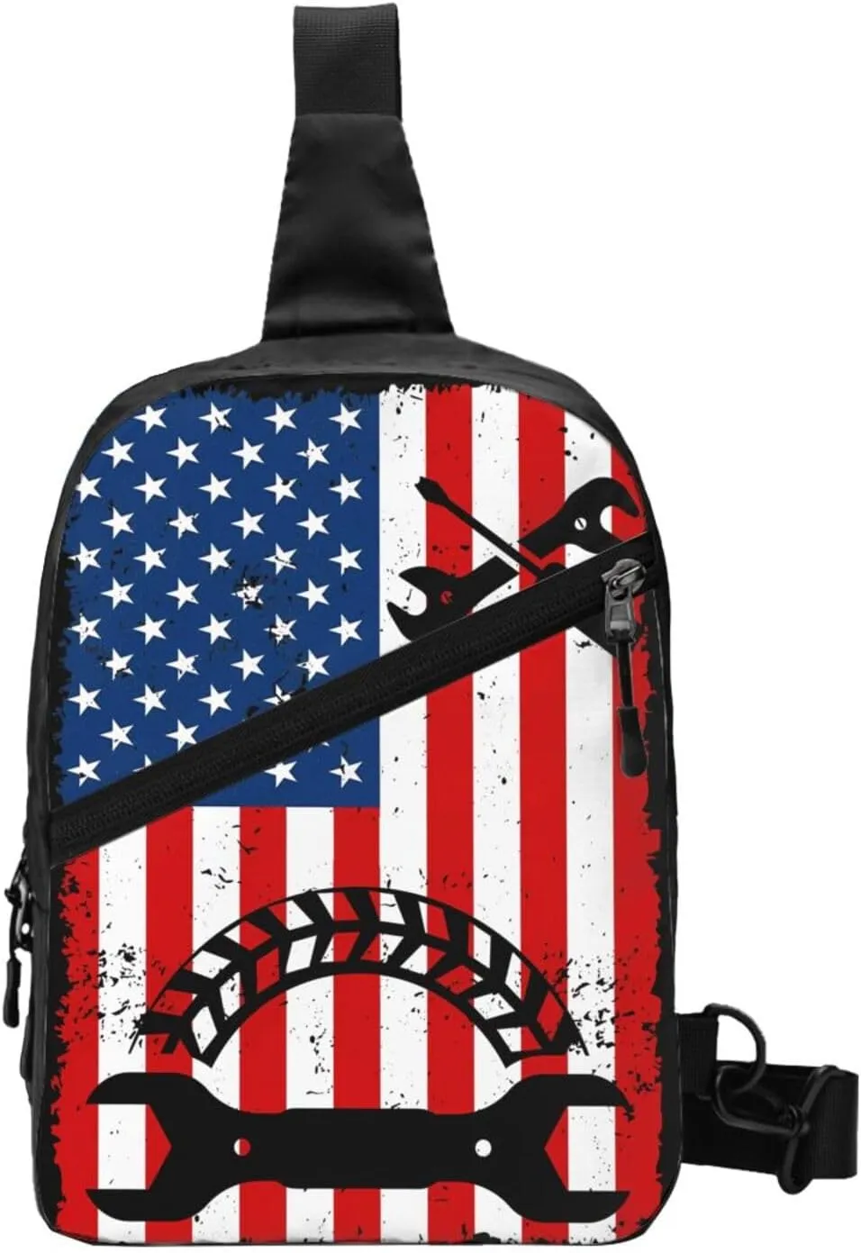 Mechanic American Flag Portable Sling Bags Packable Crossbody Bag Foldable Sport Daypack Reusable Shoulder Backpack Diagonally Chest Bag for Workout Travel