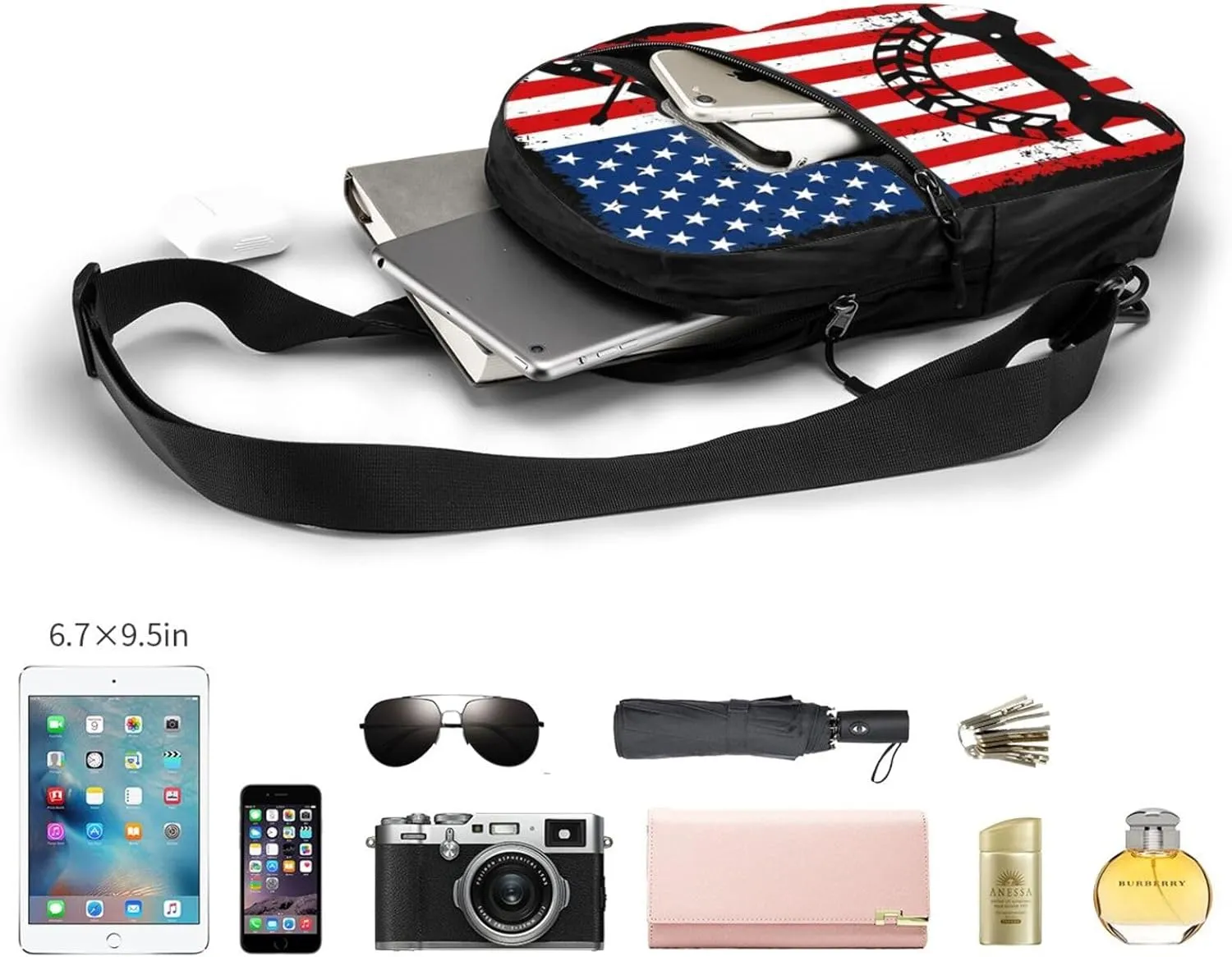 Mechanic American Flag Portable Sling Bags Packable Crossbody Bag Foldable Sport Daypack Reusable Shoulder Backpack Diagonally Chest Bag for Workout Travel