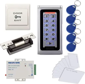 MENGQI-CONTROL Waterproof Metal RFID PIN Code Door Security Access Control System ANSI Standard North American Heavy Duty Electric Strike Lock,110V-240V Power Supply Unit,Exit Button,Cards/Key Fobs