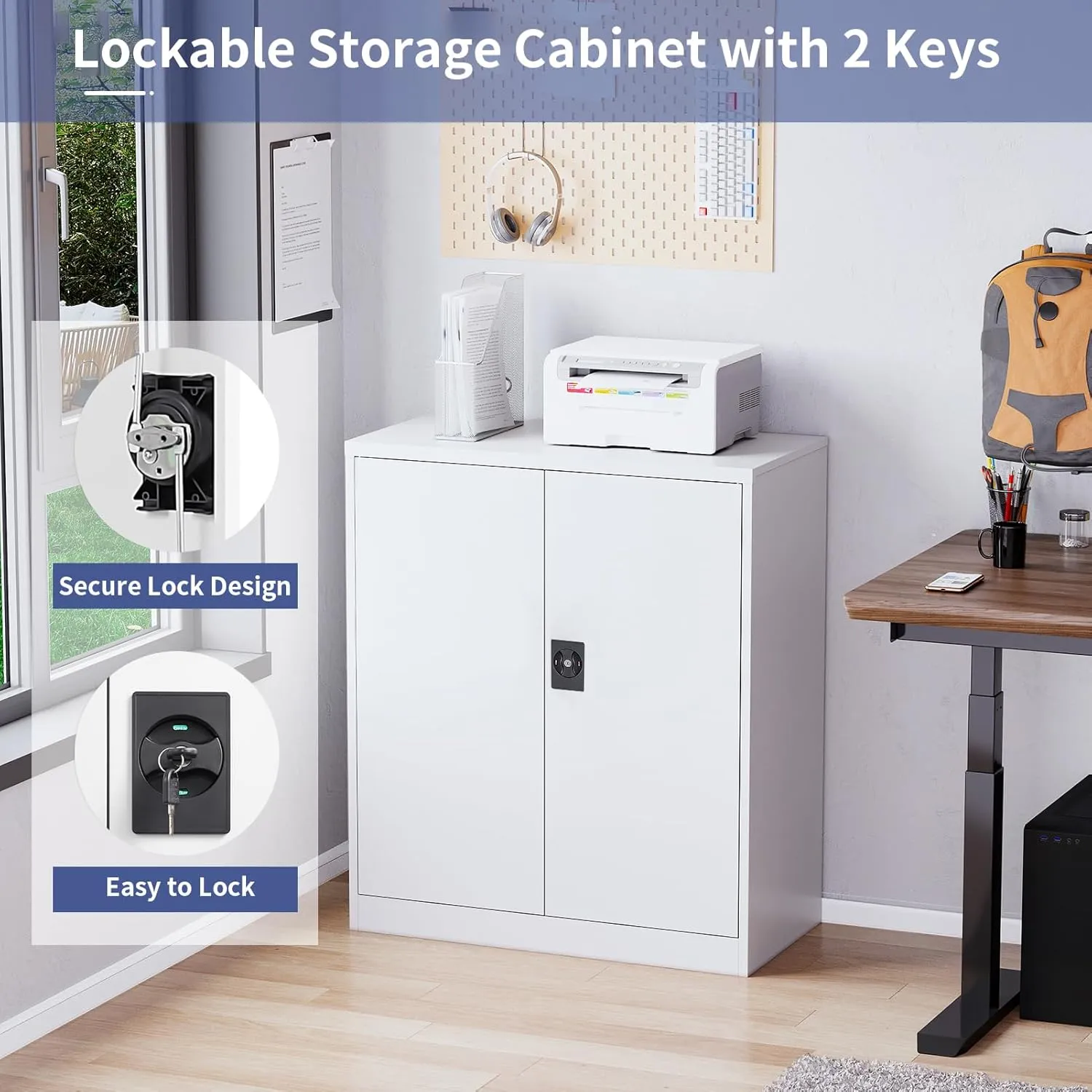 Metal Cabinet, Lockable Storage Cabinet with 2 Doors and 2 Adjustable Shelves,Tool Storage Cabinets for Garage,Home, Office,School,Gym, Hospital (White)