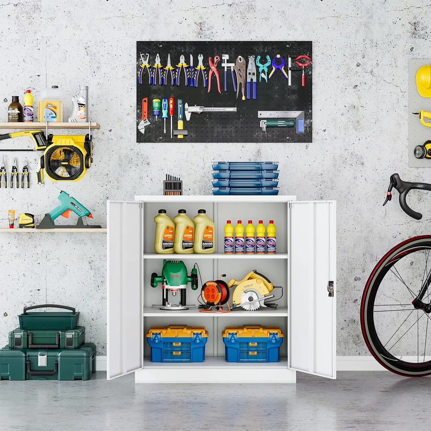 Metal Cabinet, Lockable Storage Cabinet with 2 Doors and 2 Adjustable Shelves,Tool Storage Cabinets for Garage,Home, Office,School,Gym, Hospital (White)