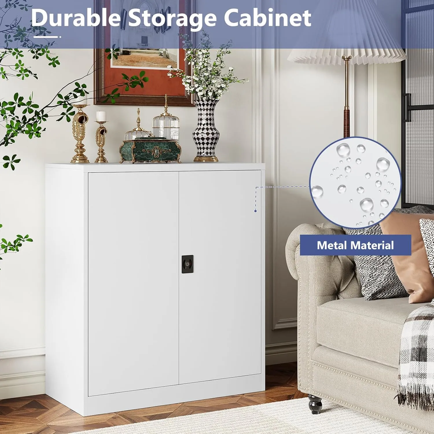 Metal Cabinet, Lockable Storage Cabinet with 2 Doors and 2 Adjustable Shelves,Tool Storage Cabinets for Garage,Home, Office,School,Gym, Hospital (White)