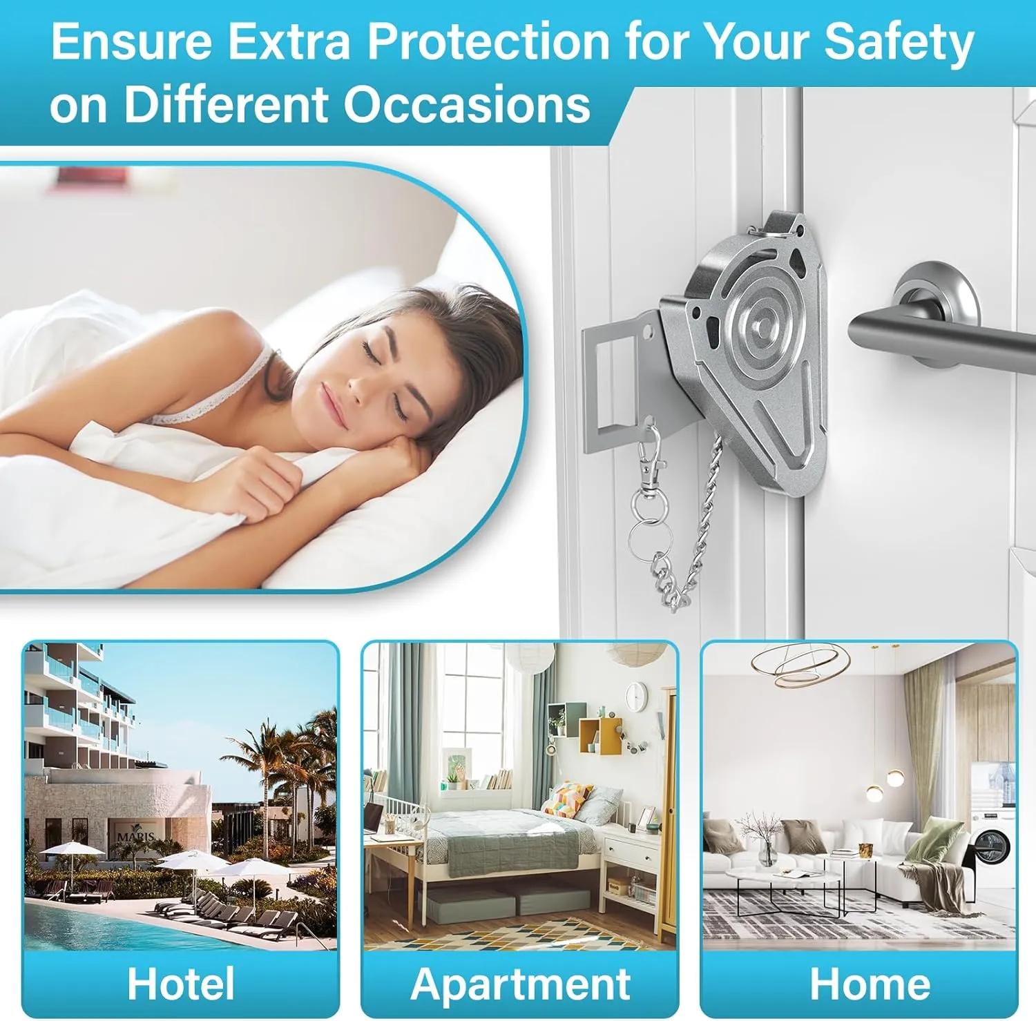 Metal Portable Door Lock for Travel Hotel Room Safety - Hotel Door Locks for Travelers Security, Extra Door Lock from Inside, Apartment Room Security Latches & Bolts Travel Essentials, Gray