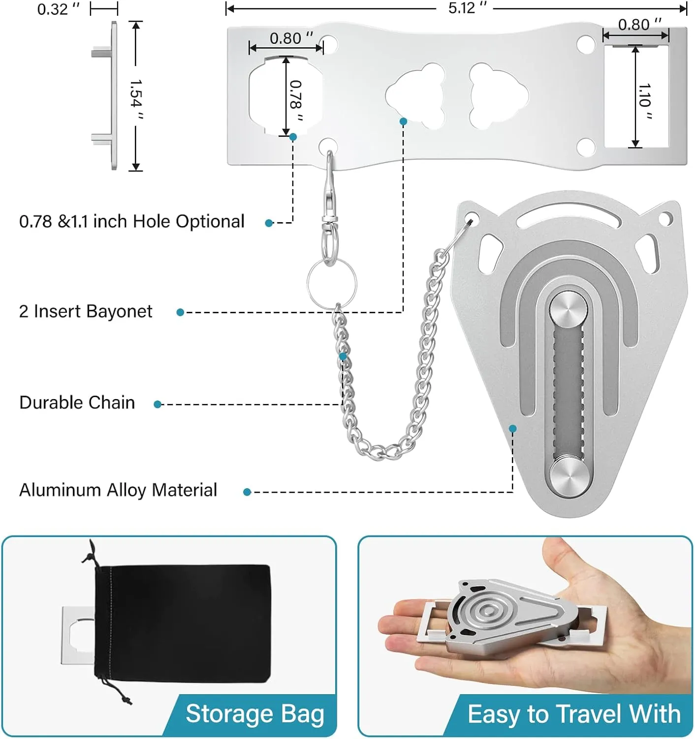 Metal Portable Door Lock for Travel Hotel Room Safety - Hotel Door Locks for Travelers Security, Extra Door Lock from Inside, Apartment Room Security Latches & Bolts Travel Essentials, Gray