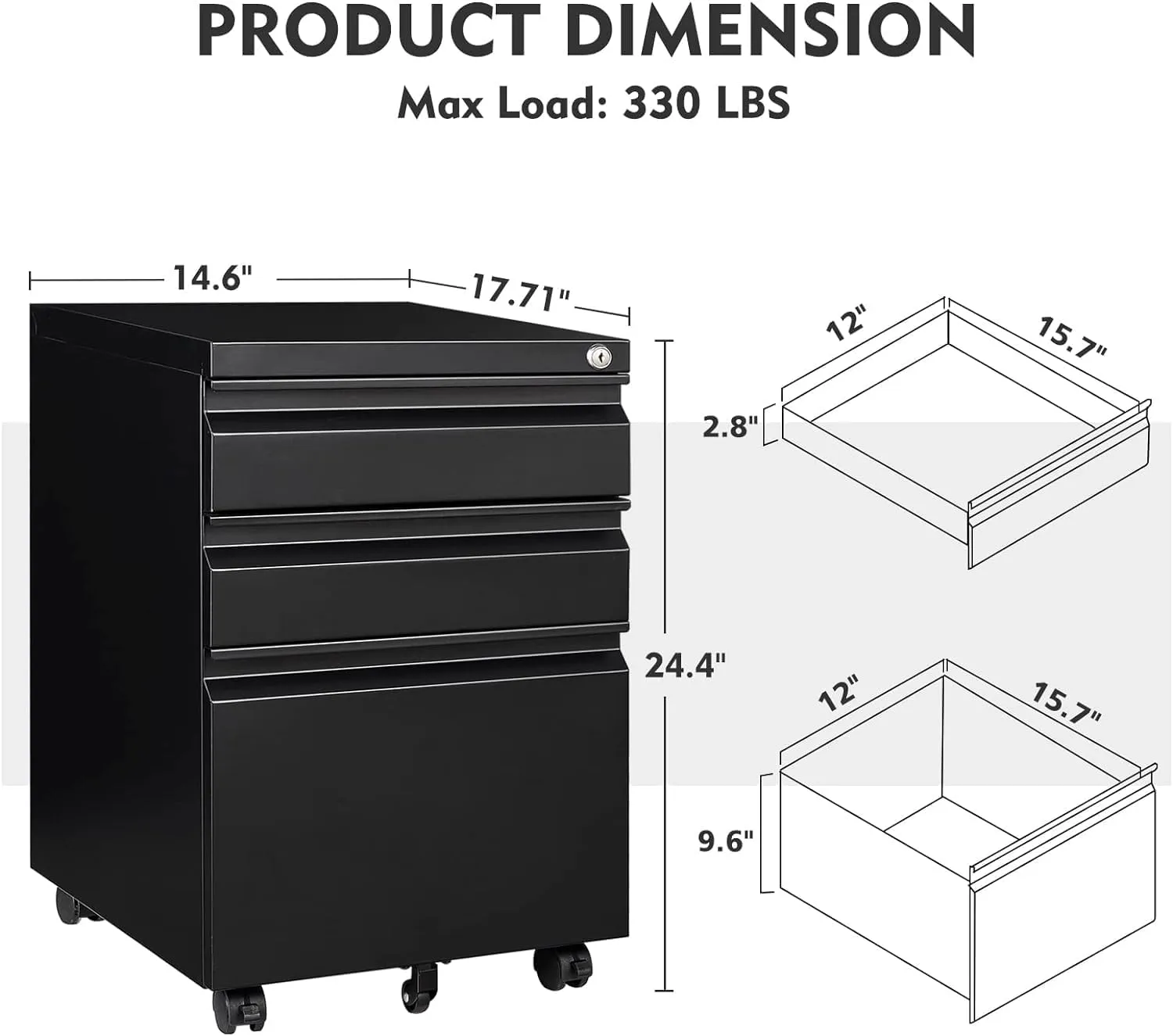 MIIIKO File Cabinet 3 Drawers on Wheels Under Desk, Black Metal Rolling File Cabinets with Lock for Home Office, Un-Assembled Filing Cabinet with Lock