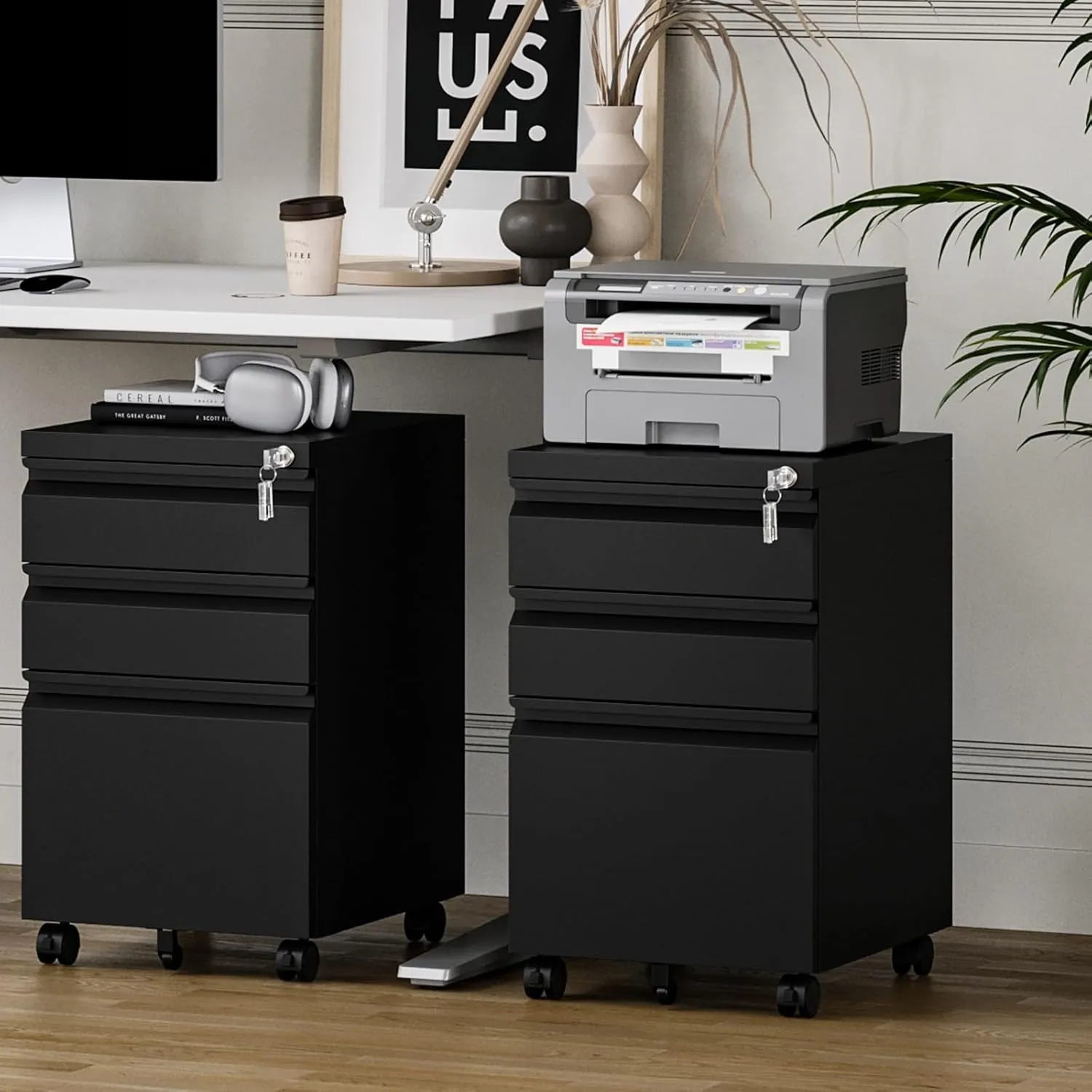 MIIIKO File Cabinet 3 Drawers on Wheels Under Desk, Black Metal Rolling File Cabinets with Lock for Home Office, Un-Assembled Filing Cabinet with Lock