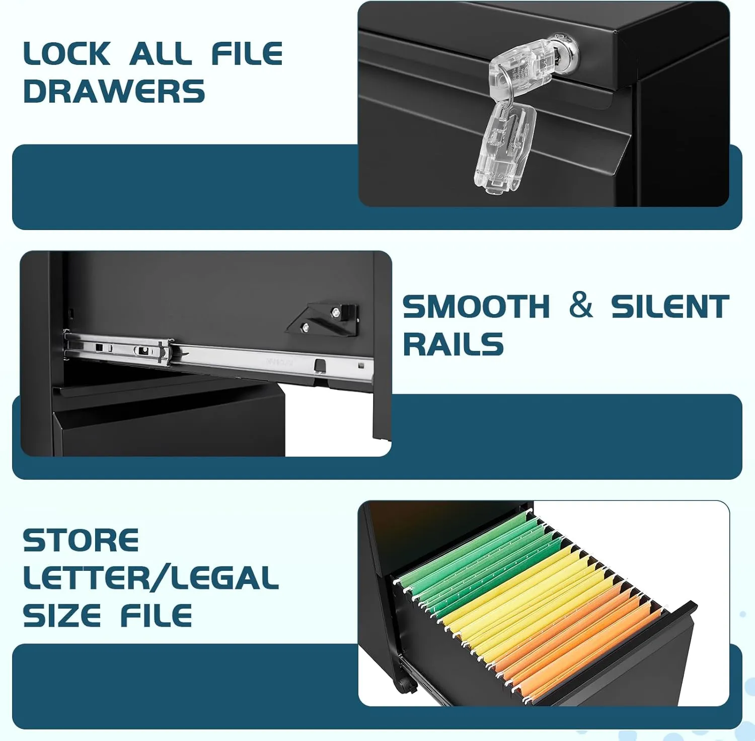 MIIIKO File Cabinet 3 Drawers on Wheels Under Desk, Black Metal Rolling File Cabinets with Lock for Home Office, Un-Assembled Filing Cabinet with Lock