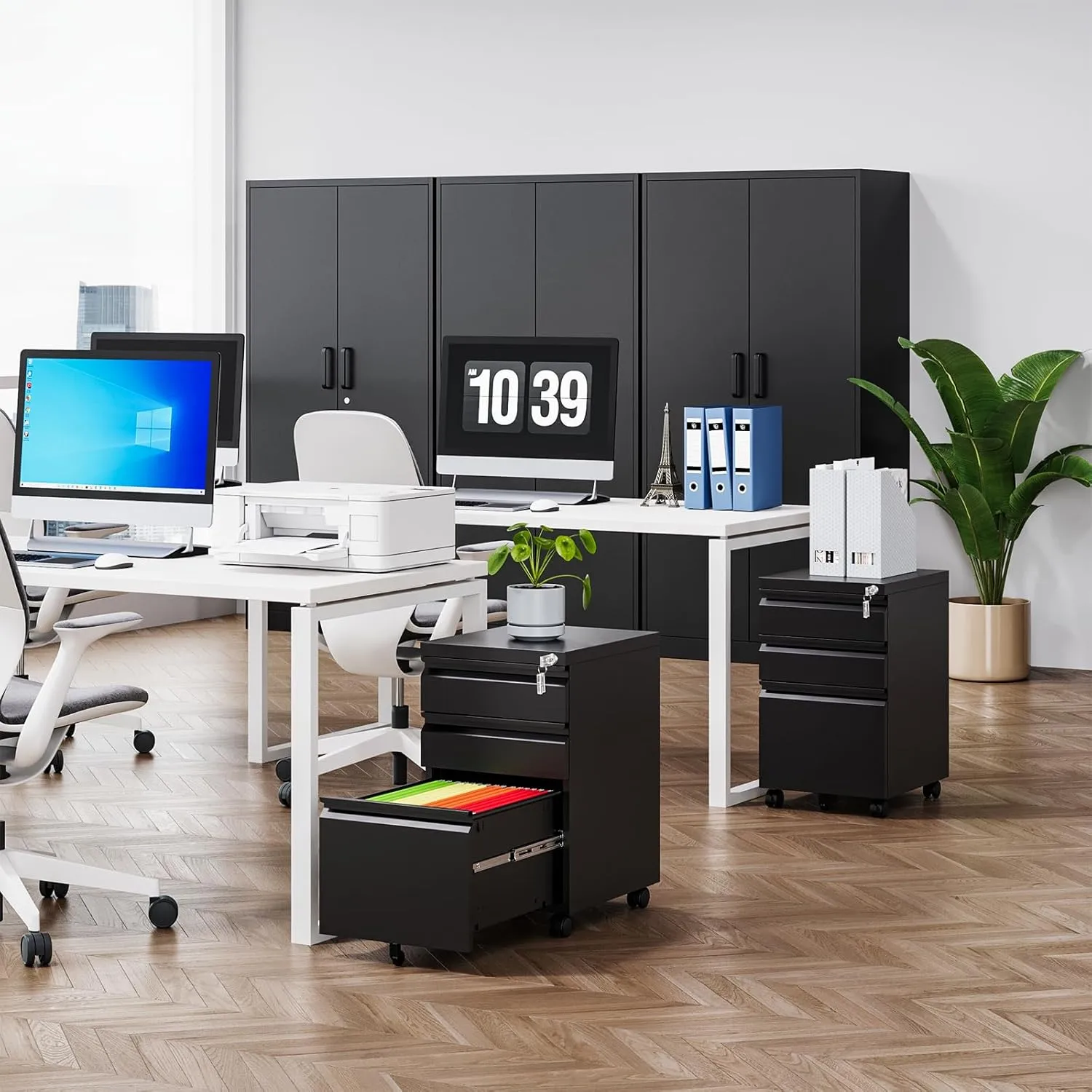 MIIIKO File Cabinet 3 Drawers on Wheels Under Desk, Black Metal Rolling File Cabinets with Lock for Home Office, Un-Assembled Filing Cabinet with Lock