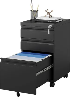 MIIIKO File Cabinet 3 Drawers on Wheels Under Desk, Black Metal Rolling File Cabinets with Lock for Home Office, Un-Assembled Filing Cabinet with Lock
