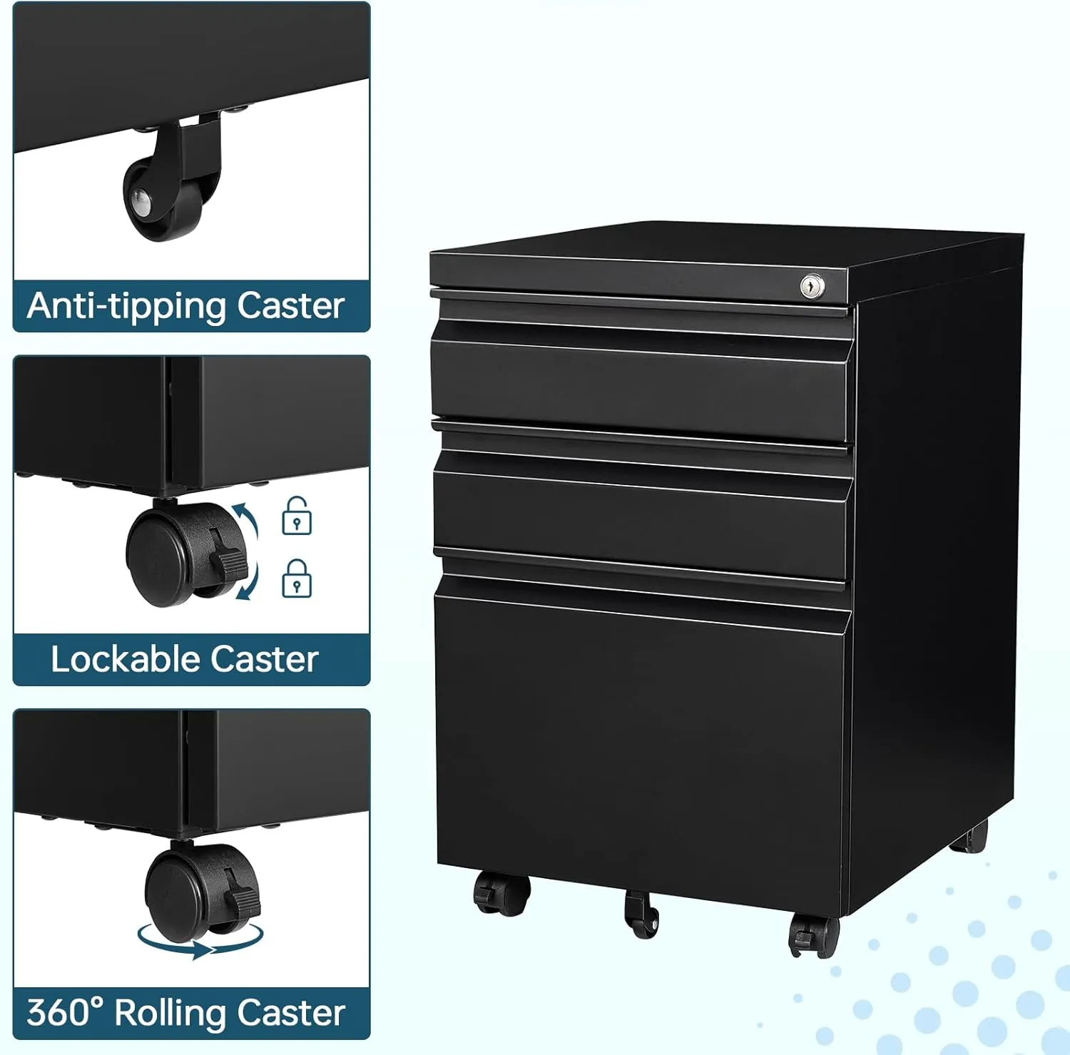 MIIIKO File Cabinet 3 Drawers on Wheels Under Desk, Black Metal Rolling File Cabinets with Lock for Home Office, Un-Assembled Filing Cabinet with Lock