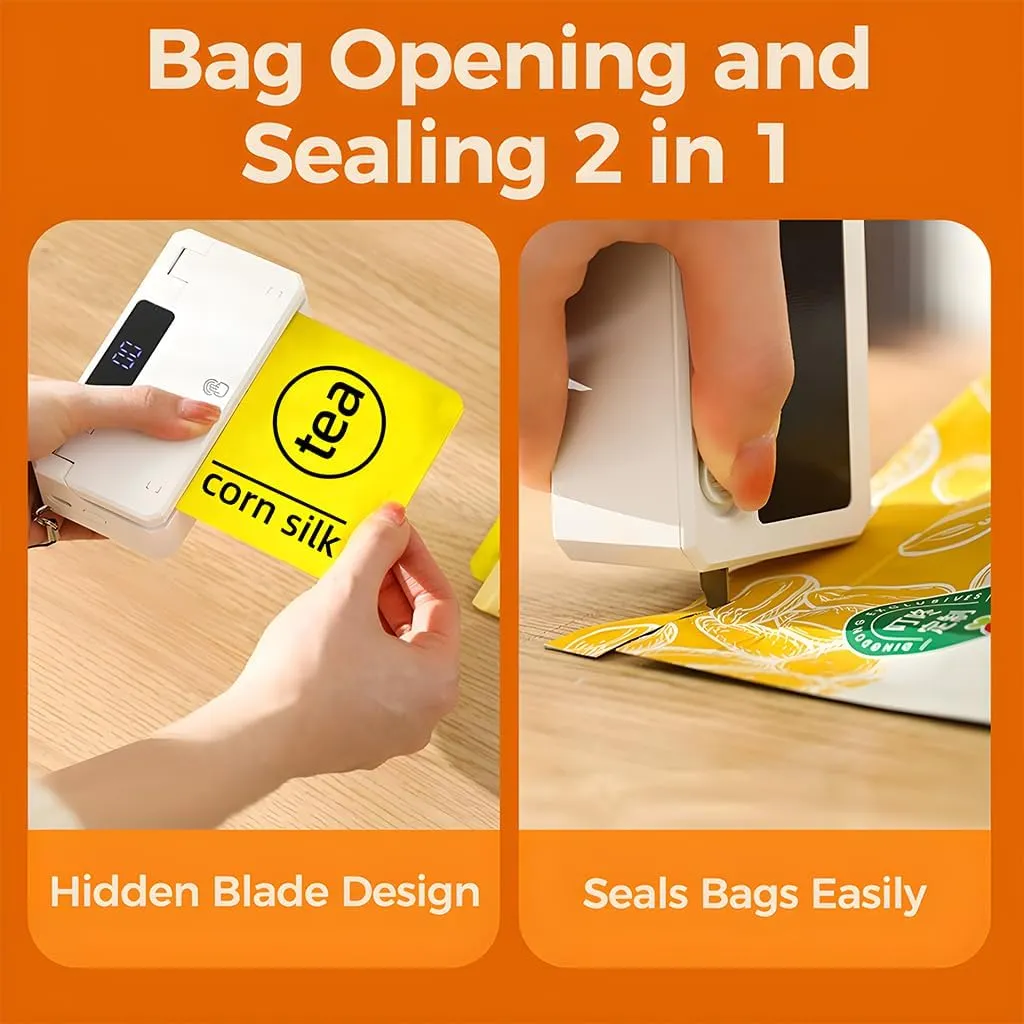 Mini Bag Sealer Heat Seal Machine – 5 Adjustable Modes, 3000mAh USB Rechargeable Battery, Magnetic Attachment, Compact 2-in-1 Sealer and Cutter for Kids’ Snacks, Travel & Kitchen Food Storage (White)