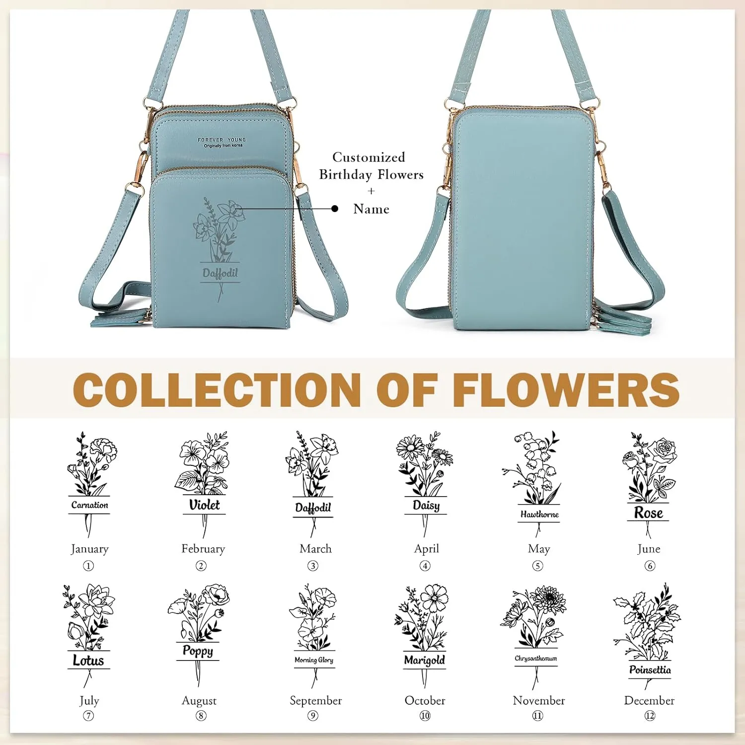 Mini Crossbody Bags for Women Custom Name Small Purse Personalized Birth Flower Womens Crossbody Wallet Cellphone Purse (Blue)