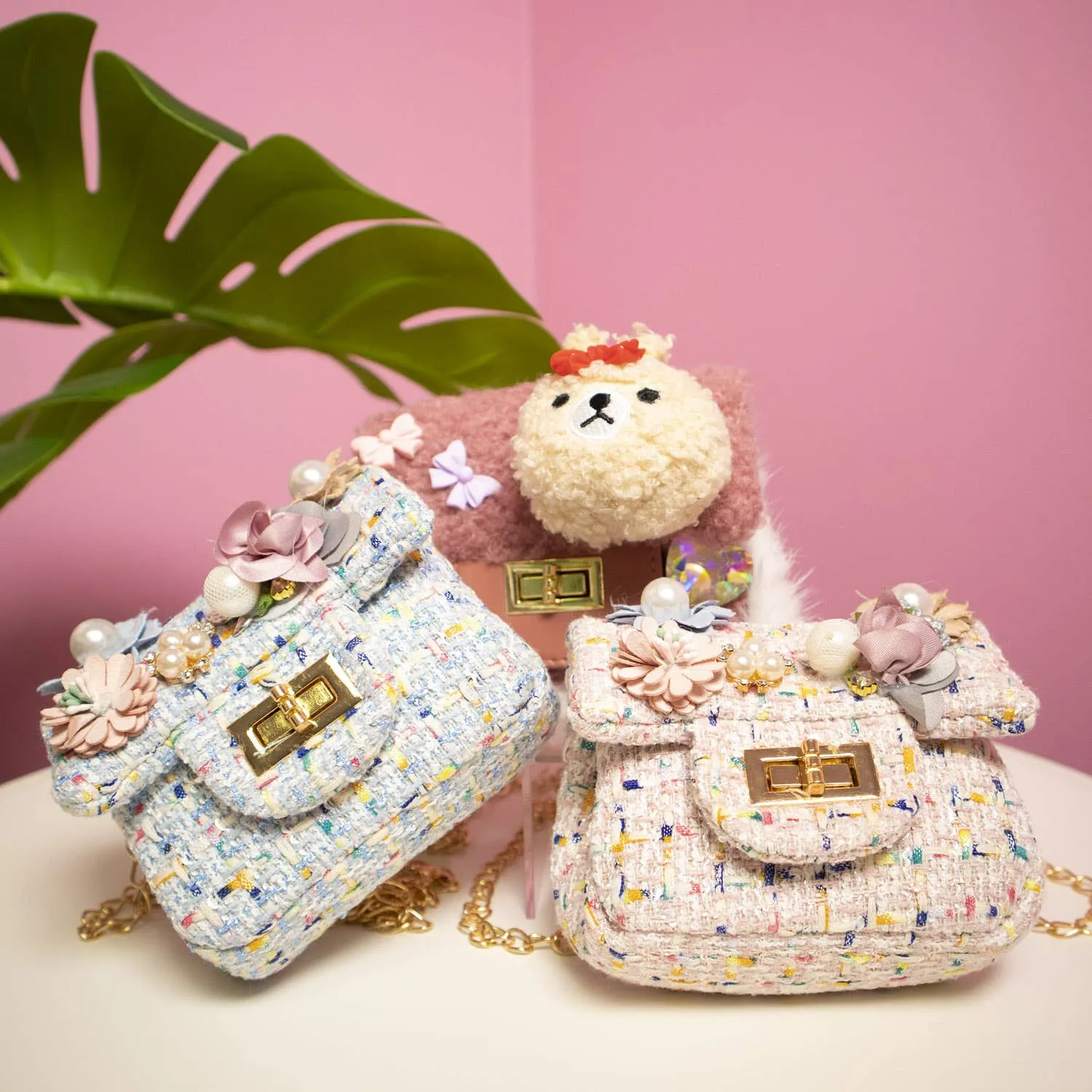 Mini Tweed Pearly Florals Crossbody - Pink