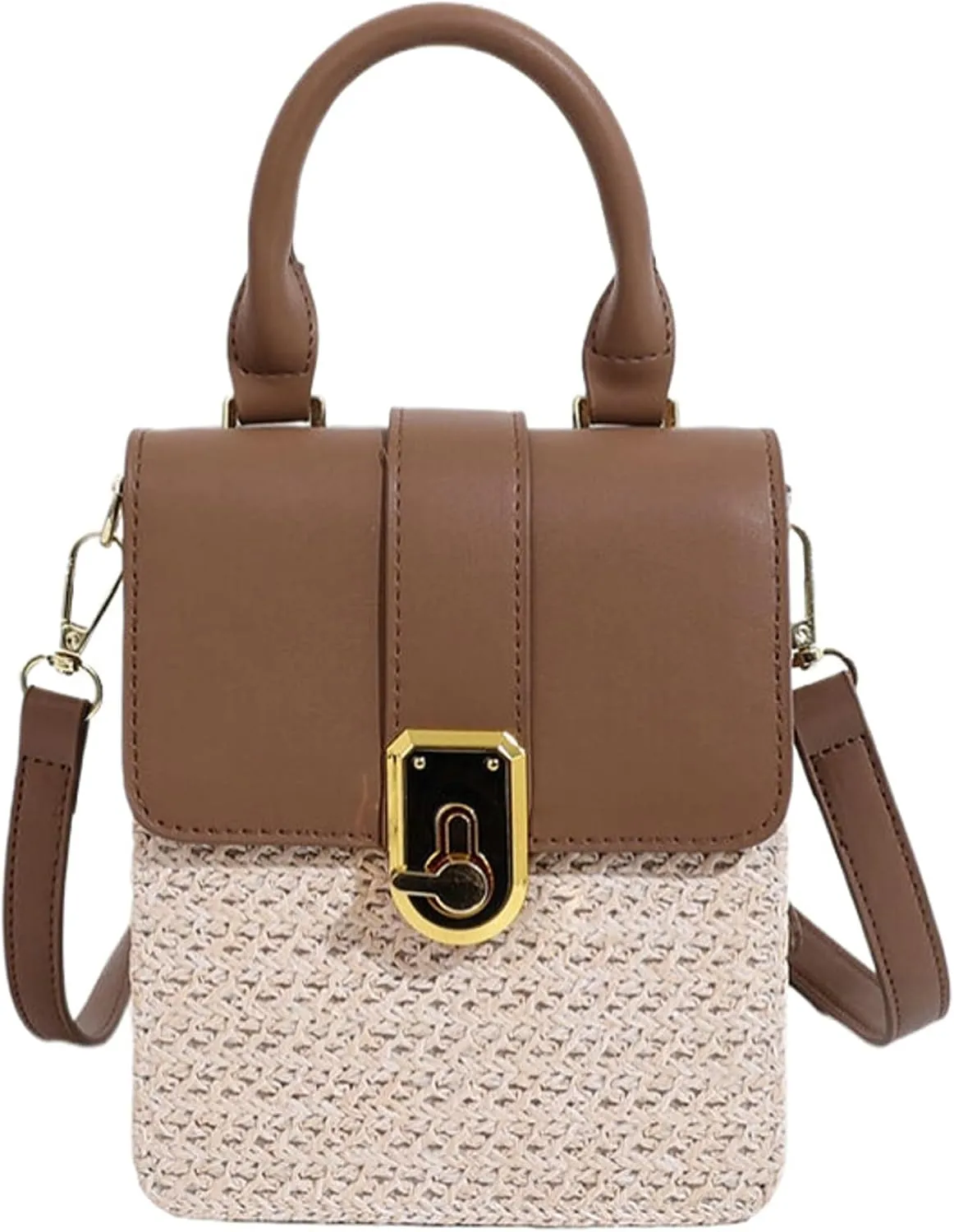 Mini Woven Square Crossbody Bag Lock Stylish Color Block Satchel PU Handle Shoulder Strap Summer Beach Resort Handbag