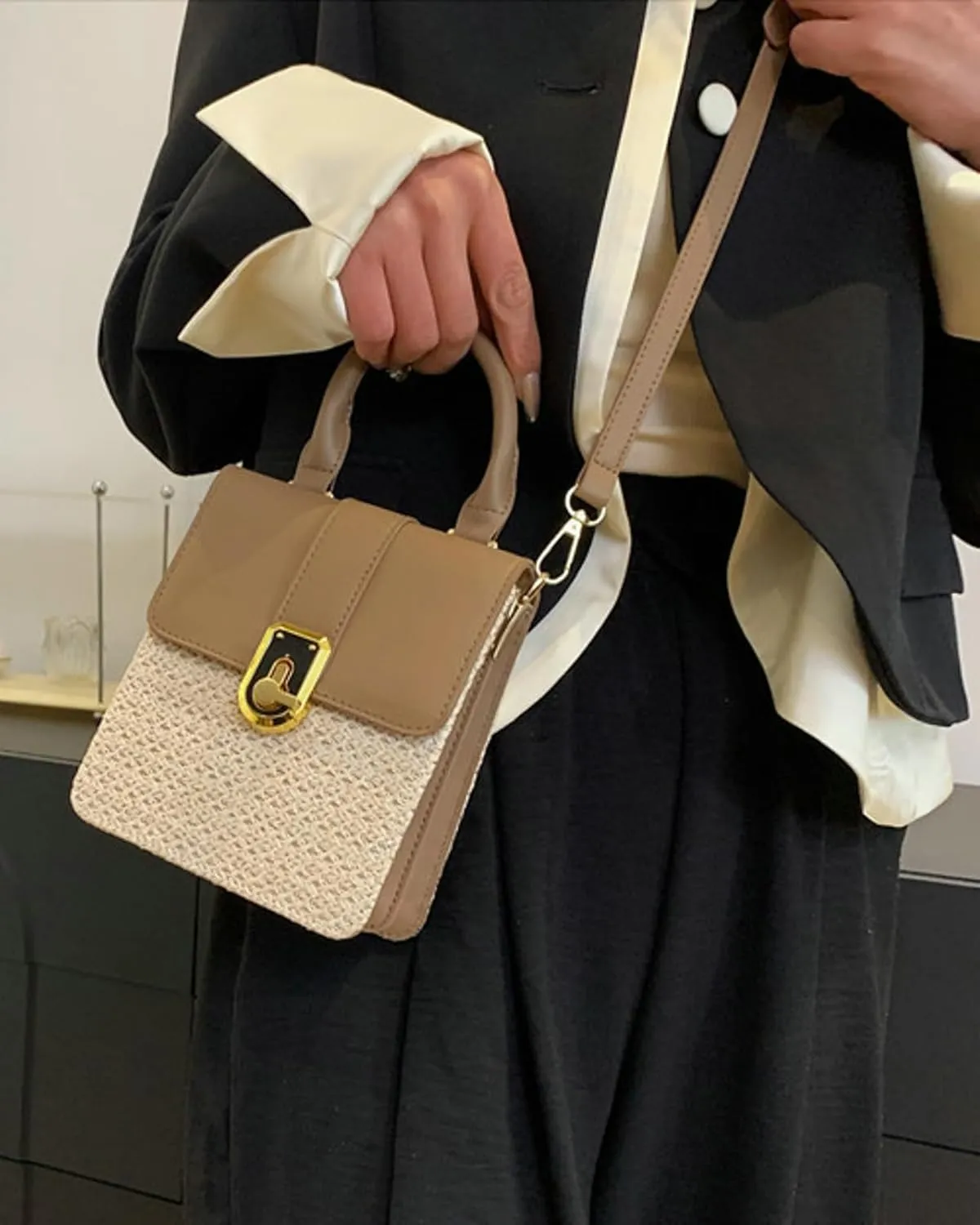 Mini Woven Square Crossbody Bag Lock Stylish Color Block Satchel PU Handle Shoulder Strap Summer Beach Resort Handbag