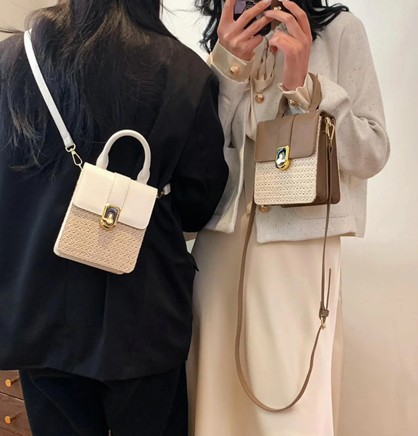 Mini Woven Square Crossbody Bag Lock Stylish Color Block Satchel PU Handle Shoulder Strap Summer Beach Resort Handbag