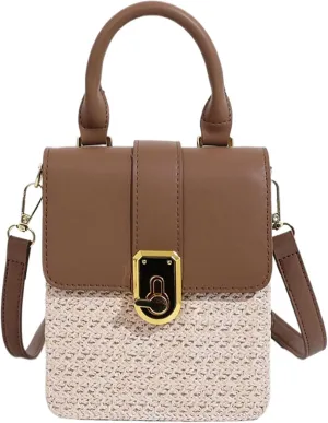 Mini Woven Square Crossbody Bag Lock Stylish Color Block Satchel PU Handle Shoulder Strap Summer Beach Resort Handbag