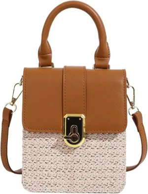 Mini Woven Square Crossbody Bag Lock Stylish Color Block Satchel PU Handle Shoulder Strap Summer Beach Resort Handbag