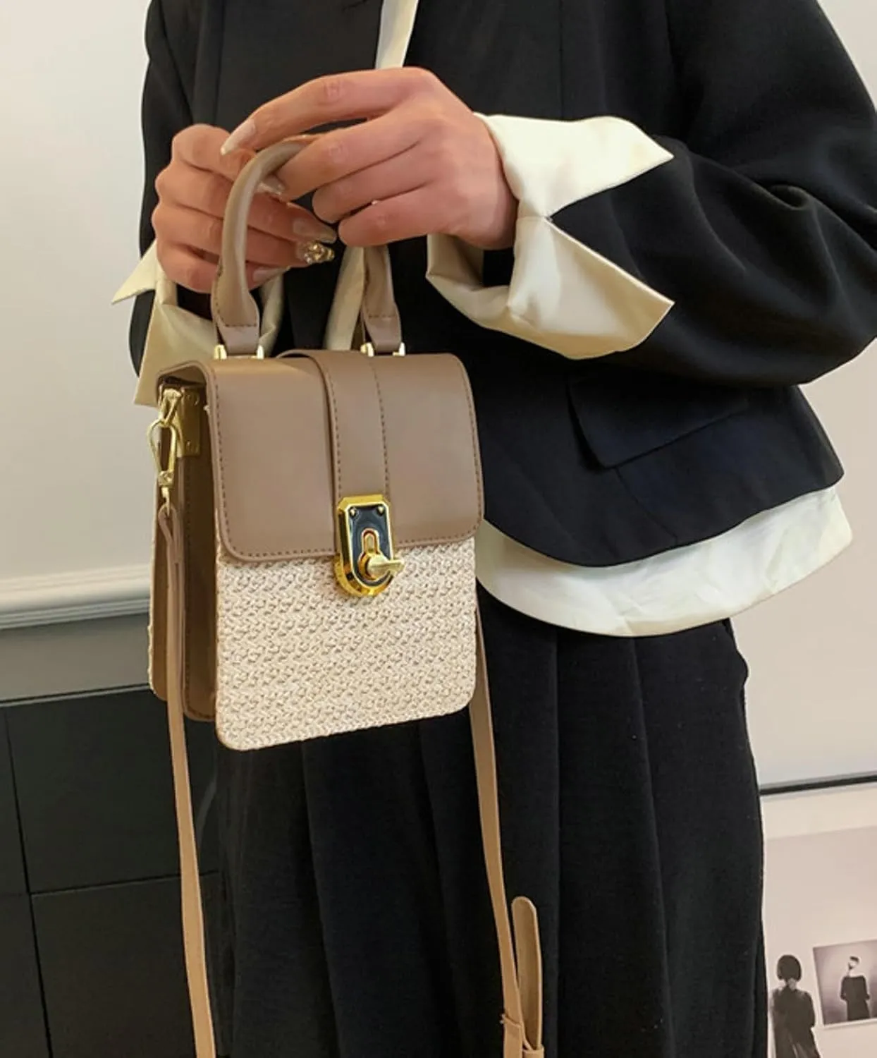 Mini Woven Square Crossbody Bag Lock Stylish Color Block Satchel PU Handle Shoulder Strap Summer Beach Resort Handbag
