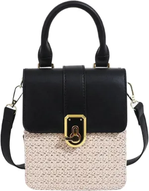 Mini Woven Square Crossbody Bag Lock Stylish Color Block Satchel PU Handle Shoulder Strap Summer Beach Resort Handbag