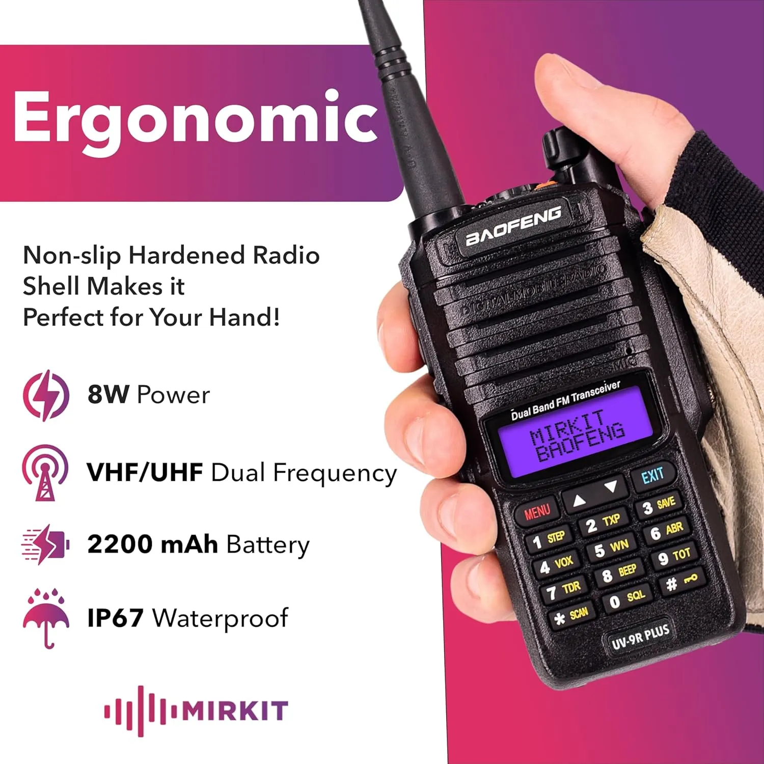 Mirkit 2X Baofeng UV-9R Plus MK1 (UV-82 3rd gen) Two Way Radio with Baofeng Programming Cable & 2200mAh Battery, IP67 Waterproof Long Range Walkie Talkie, 8W Max Power VHF/UHF 144-148/420-450mhz