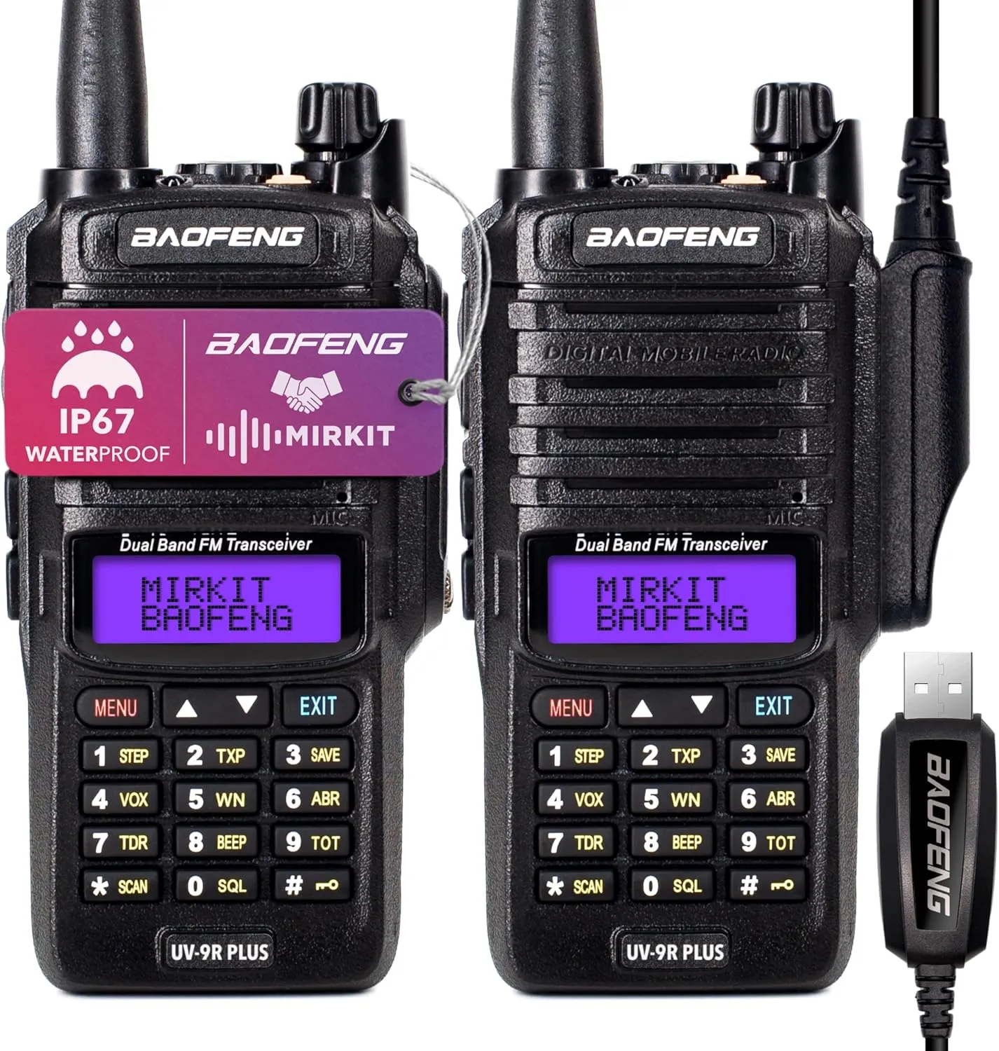 Mirkit 2X Baofeng UV-9R Plus MK1 (UV-82 3rd gen) Two Way Radio with Baofeng Programming Cable & 2200mAh Battery, IP67 Waterproof Long Range Walkie Talkie, 8W Max Power VHF/UHF 144-148/420-450mhz
