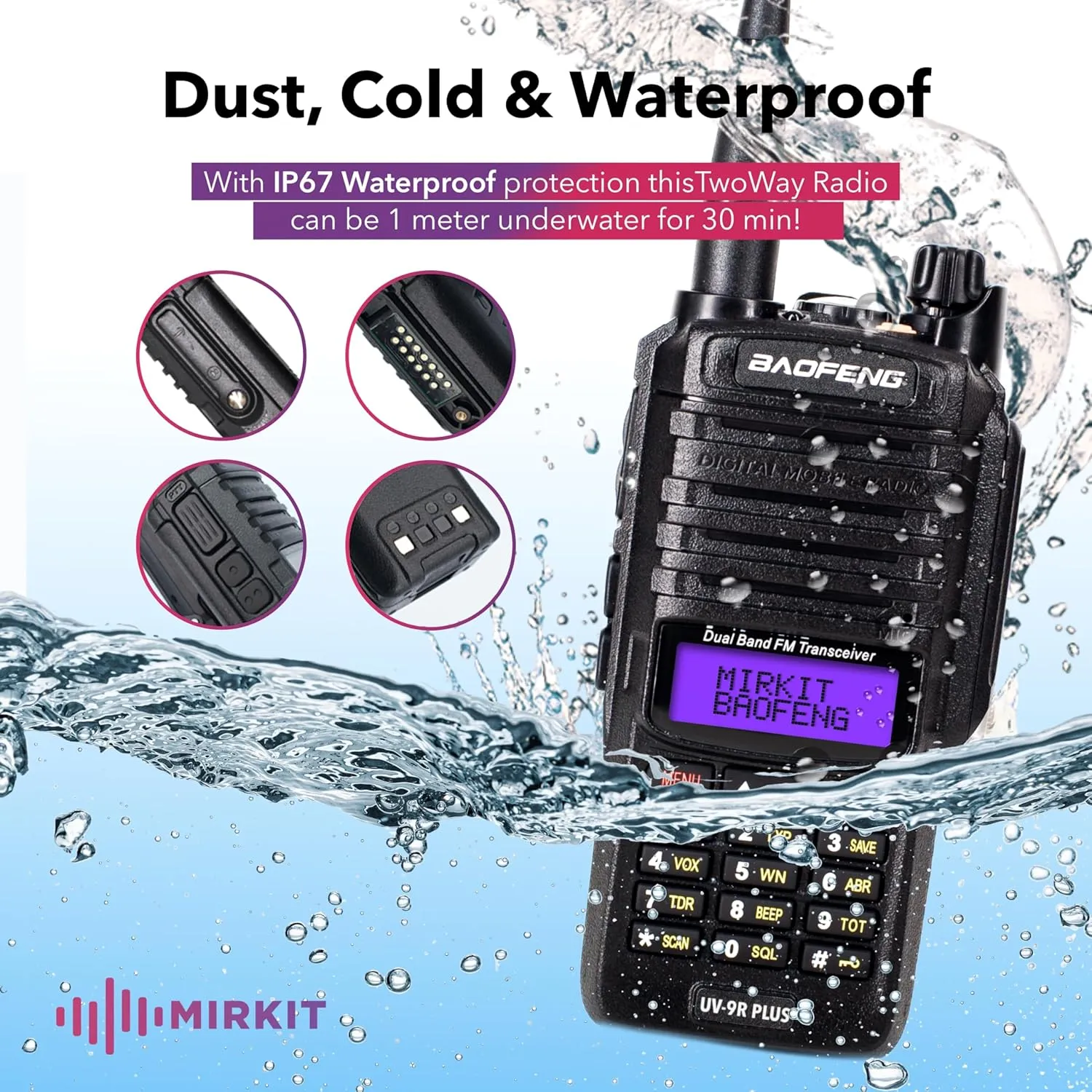 Mirkit 2X Baofeng UV-9R Plus MK1 (UV-82 3rd gen) Two Way Radio with Baofeng Programming Cable & 2200mAh Battery, IP67 Waterproof Long Range Walkie Talkie, 8W Max Power VHF/UHF 144-148/420-450mhz