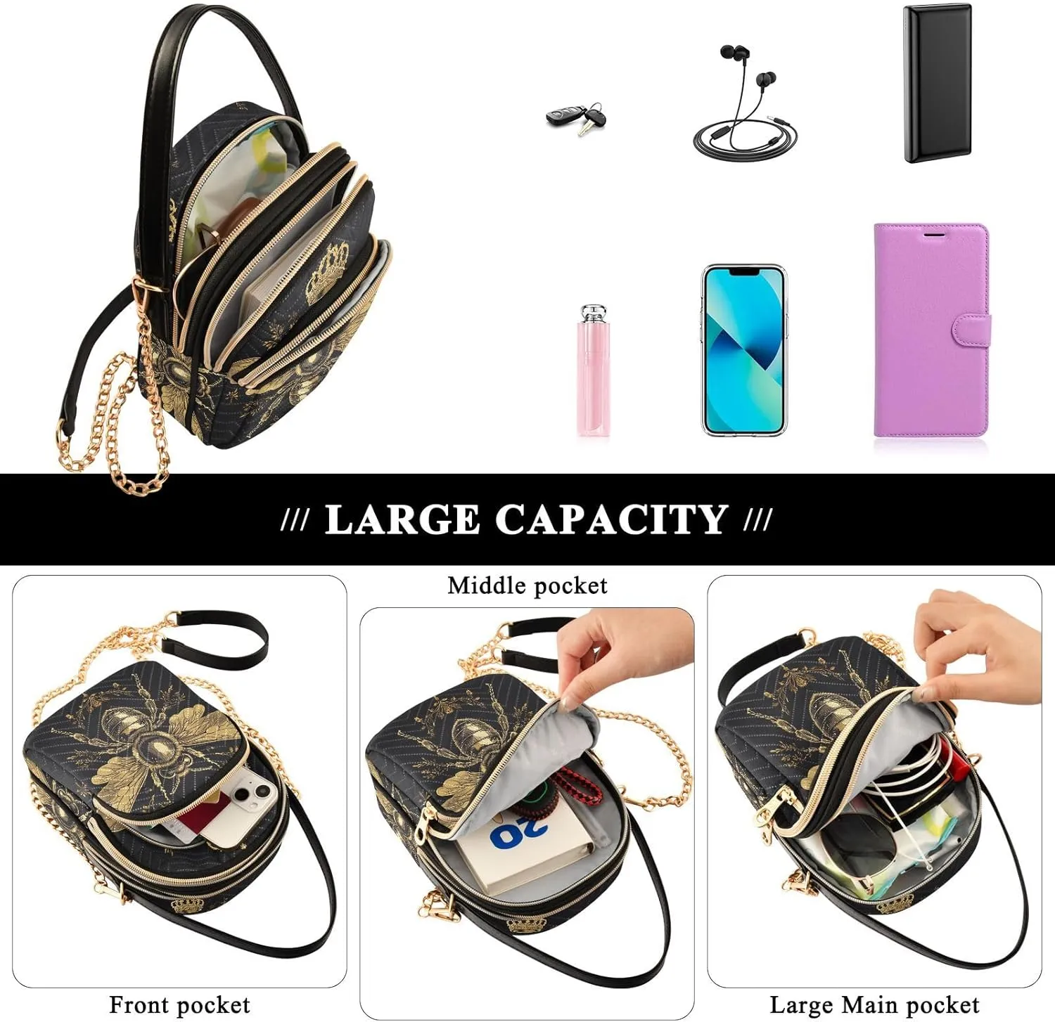 MNSRUU Quilted Crossbody Bags for Women Trendy, Women's Crossbody Handbags Goth Skull Travel Cell Phone Purses Bags