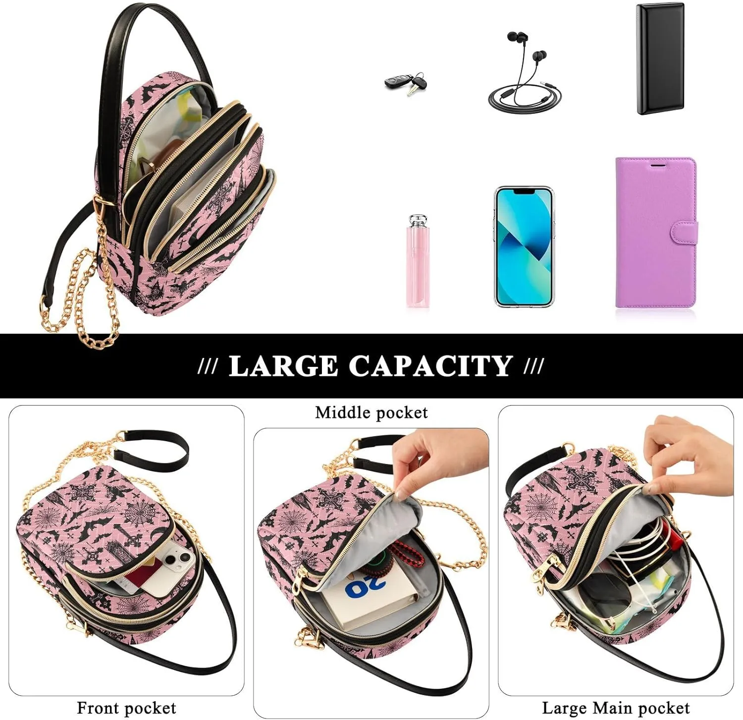 MNSRUU Quilted Crossbody Bags for Women Trendy, Women's Crossbody Handbags Goth Skull Travel Cell Phone Purses Bags