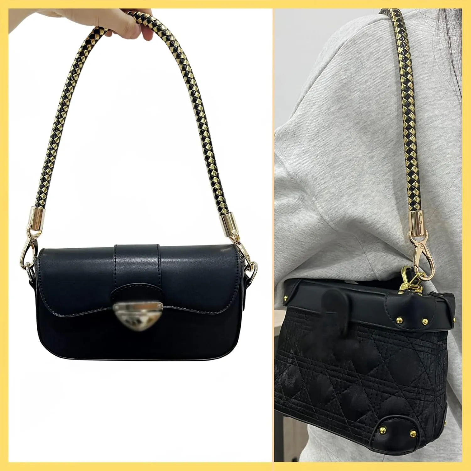Model Worker 2 PCS 23.6" PU Leather Braided Purse Strap Accessories Purse Clutches Handles Replacement Straps with Gold Metal Buckles (Black Gold)