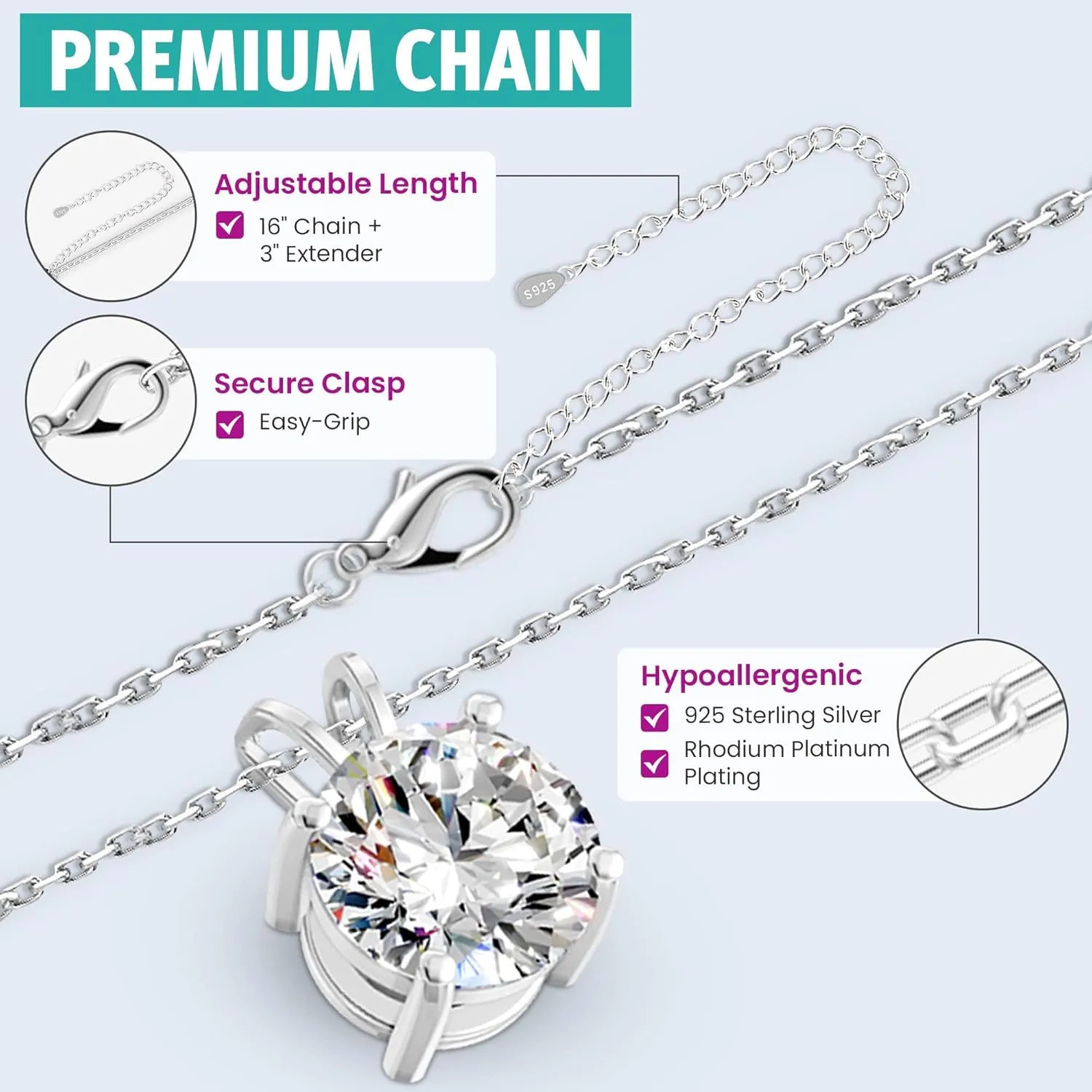 Moissanite Necklace for Women - Moissanite Pendant for Women, Solitaire Necklace, Lab Created, Sterling Silver, Heart Shaped Back, Round, 1-3 Carat