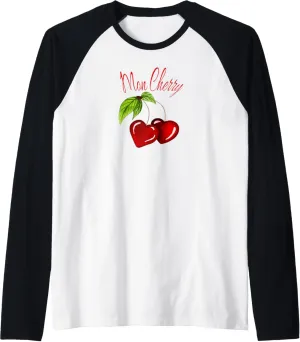 Mon Cherry Mon Cheri Valentine's Day Heart Cherries Womens Raglan Baseball Tee