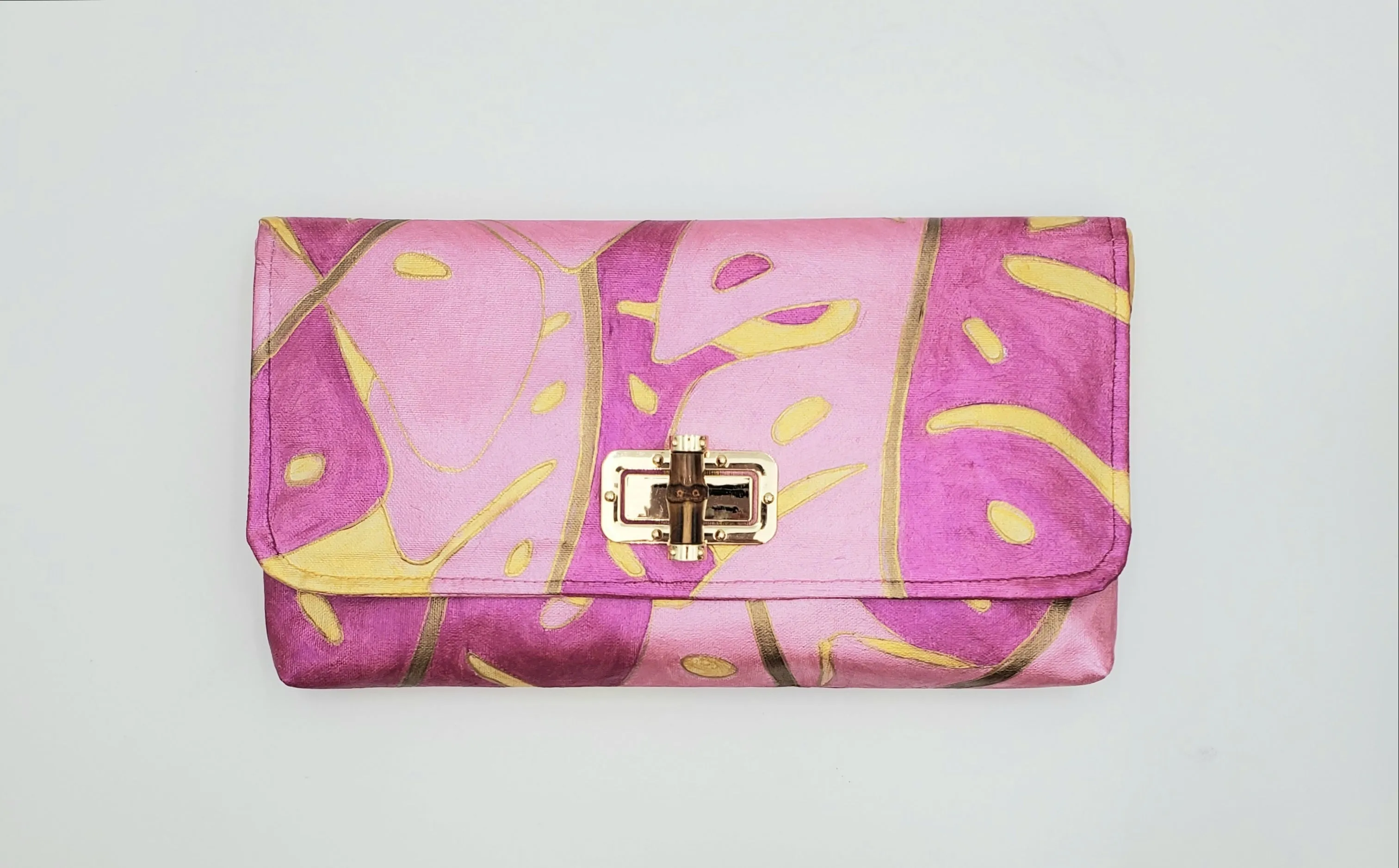 Monstera Leaves Ginger Clutch in Blue and Green