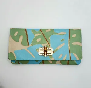 Monstera Leaves Ginger Clutch in Blue and Green