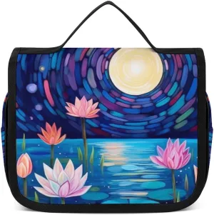 Moonlight Water Lilies Pond Portable Toiletry Bags,Travel Makeup Bags,Travel Cosmetic Bags,with Handle,Large Capacity